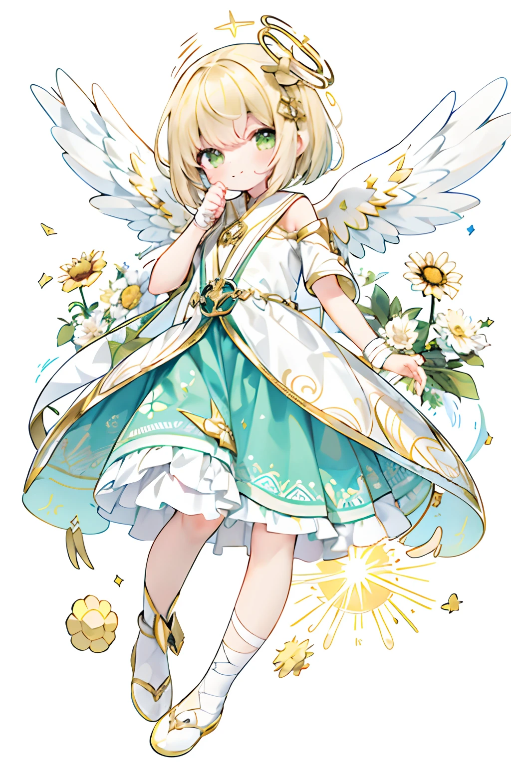 (White background:1.4),(paper art:1.3, Quilted Paper Art:1.2),( Stylish design, Clear lines, High Sharpness,Best Quality, Very detailed, masutepiece, Movie Light Effects, 4K )(pluma:1.0)、Lots of celebrations fluttering、the wind、Background with、Wings fly、Bandage clothes、Clothes with feather motifs、blonde hair、full body Esbian、A delightful、Happy smile、kirakira、cute smile face、beautiful smiling face、Girl in the air、bird wings、Harpy、Angel wings、yellow-green eyes、Bandages all over the body、The bandage is about to come off、Bandages on the arm、Wound Angel、Ring of light on the head、Angel of Light、Light shoes、A ring of light on your feet、Deities々Right、girl with