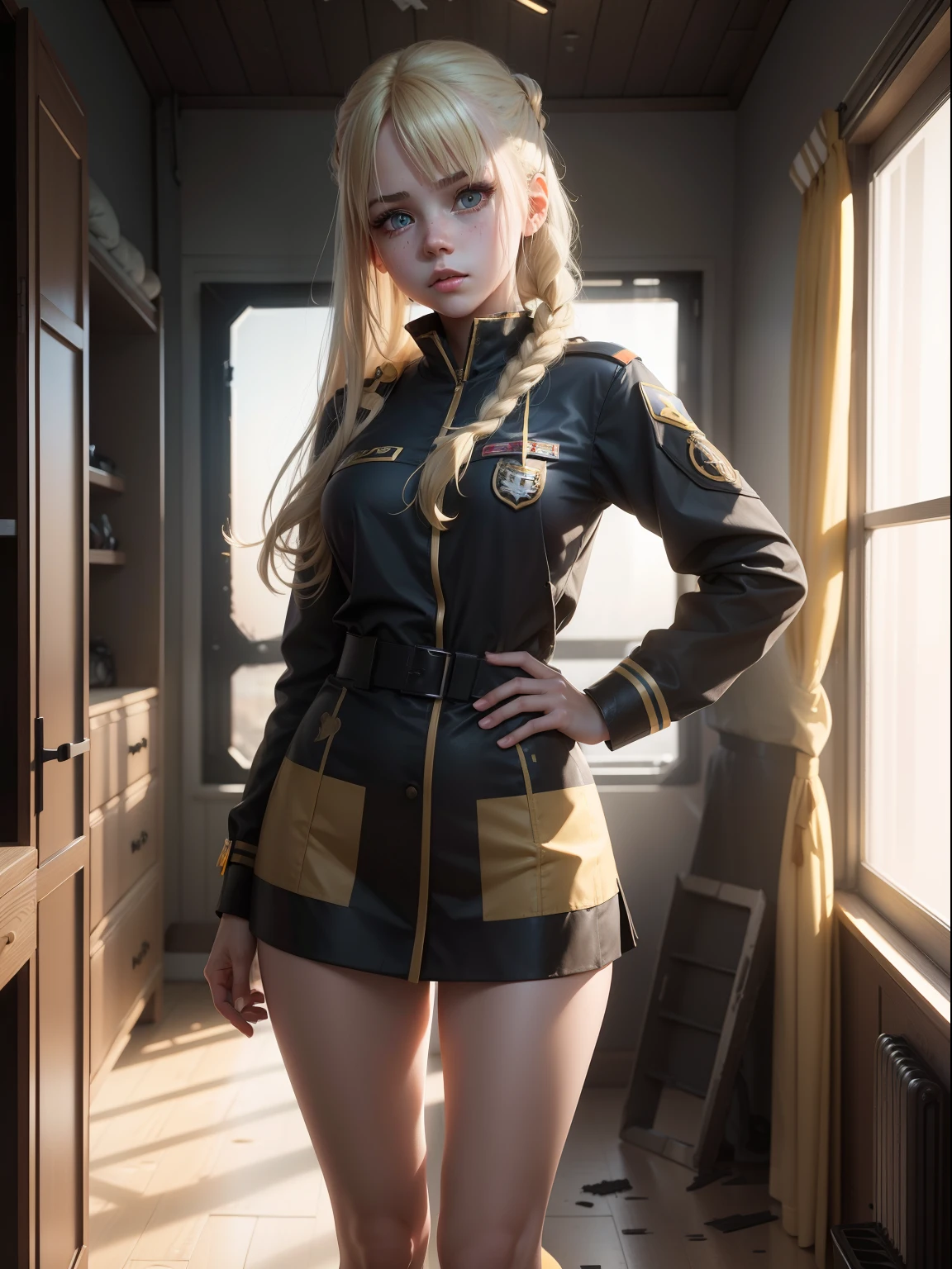 Destroyed aircraft carrier,ukrainian girl , Ukrainian anime girls , , Ukraine ,  Full body composition of young girl with messy bright blonde hair, eye make up, 13 year old,  Soft lighting, Solo,, badges, Pose, Blotch color, Octane Render, Hyperrealistic intricate detail, Cinematic, 8K resolution, 70mm, Accent Lighting, Global Illumination, Full body portrait, clean detailed faces, poneyTail,Cute face,, Slim legs,In the military bedroom,