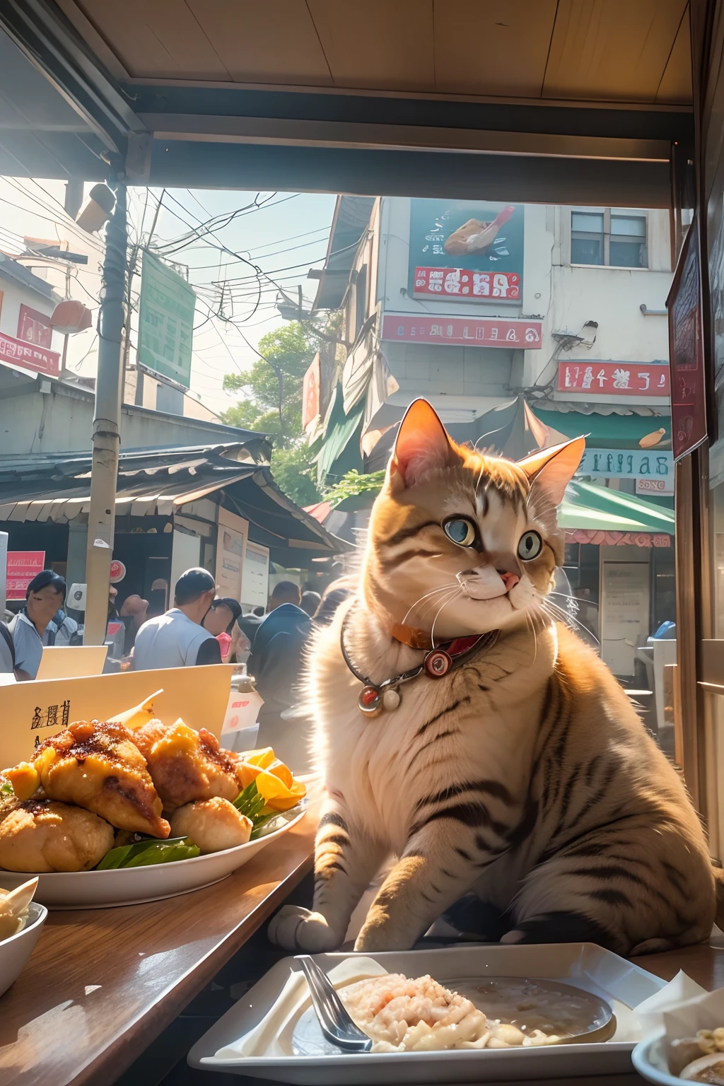 A round-eyed meow smiles, Selling chicken rice in restaurants.Sunlight outside the window.