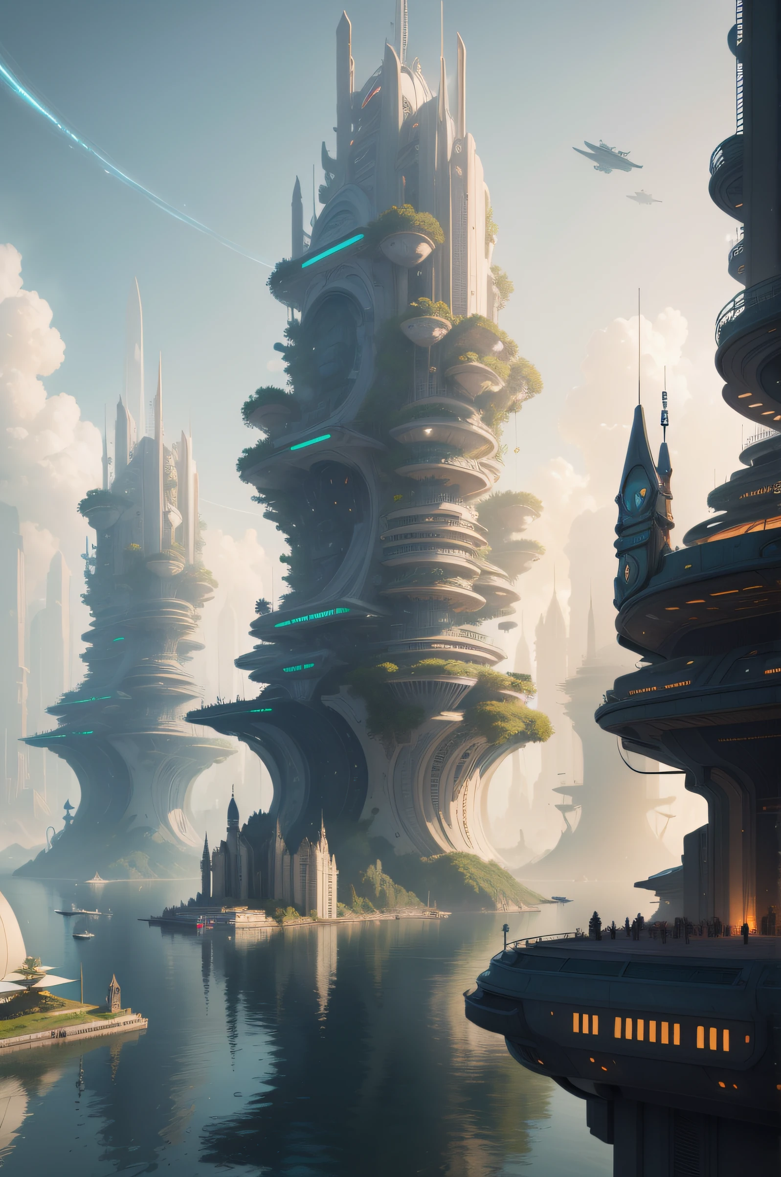 Cidade futuristica,Huge buildings and boats in the water, concept art inspired by Stephan Martinière, cgsociety contest winner, Fantasy art, solarpunk futuristic utopia, stuning fantasy 3 d render, fantasy architecture, futuristic palace, Sunpunk architecture, solarpunk city, in fantasy sci - fi city, solarpunk utopia, solarpunk village