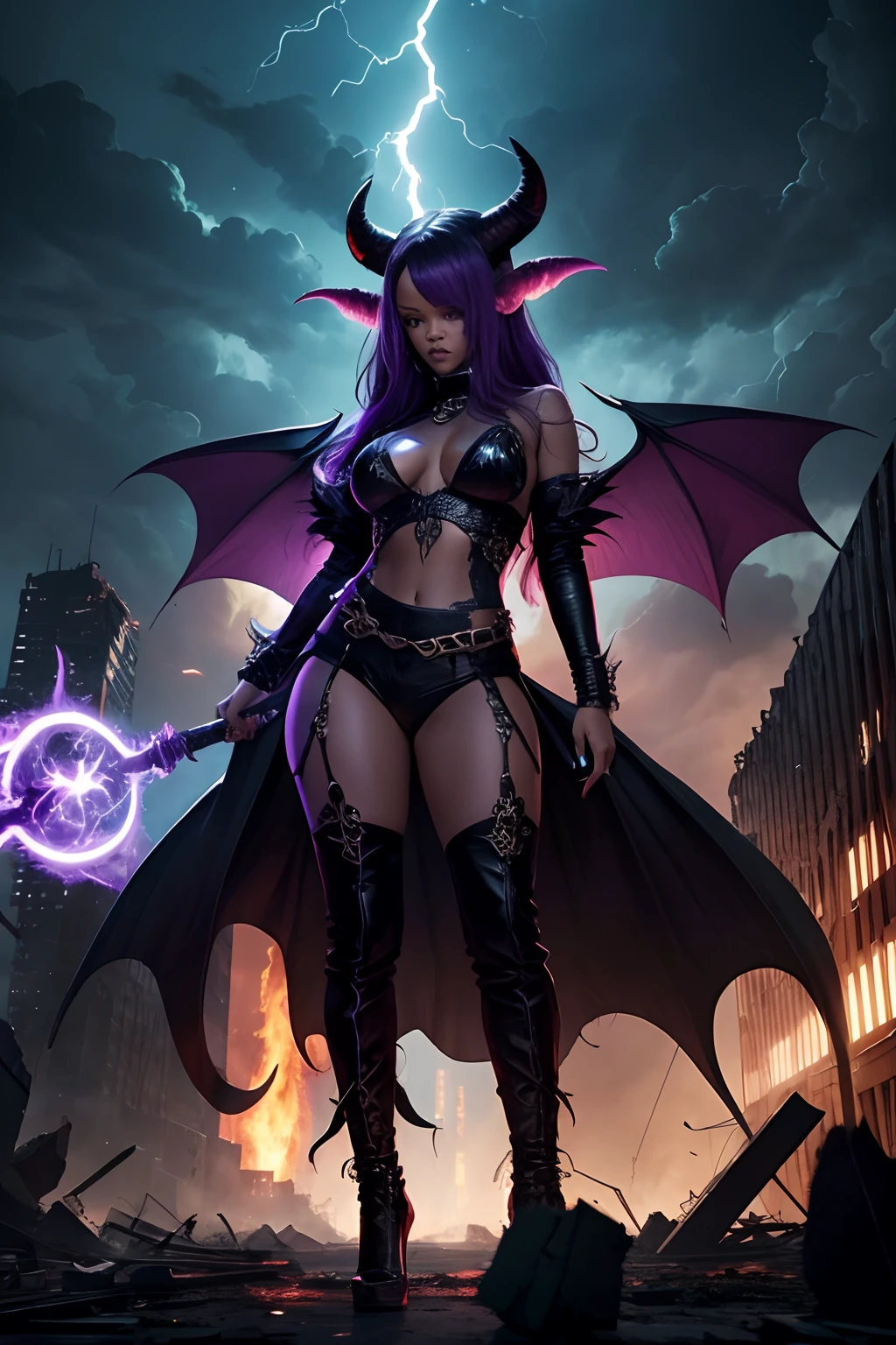 Rihanna as a hyper-giant, Hyper-powerful demon with two demon horns on his head and demon wings, Purple lightning fire on a building and shatters buildings , ville en ruine post apocalyptique,