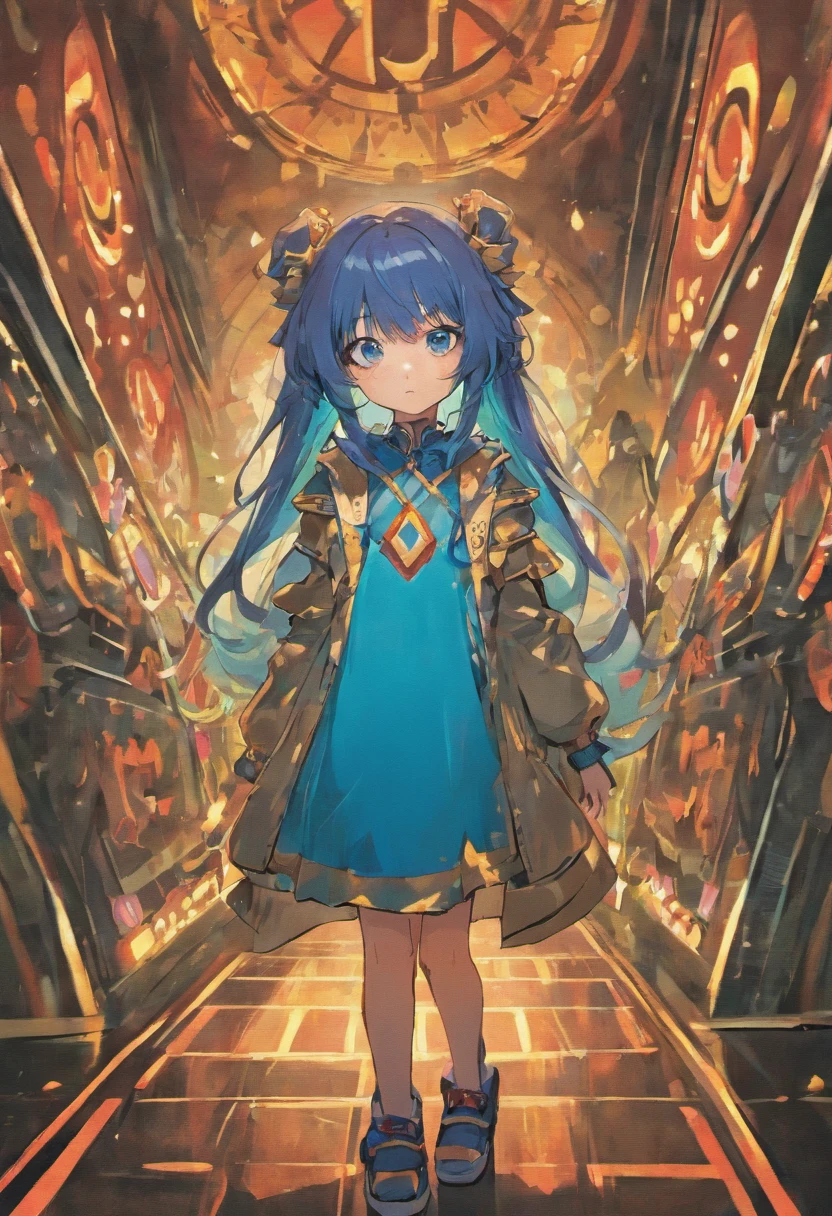ute little girl with blue long hair, standing with poker face