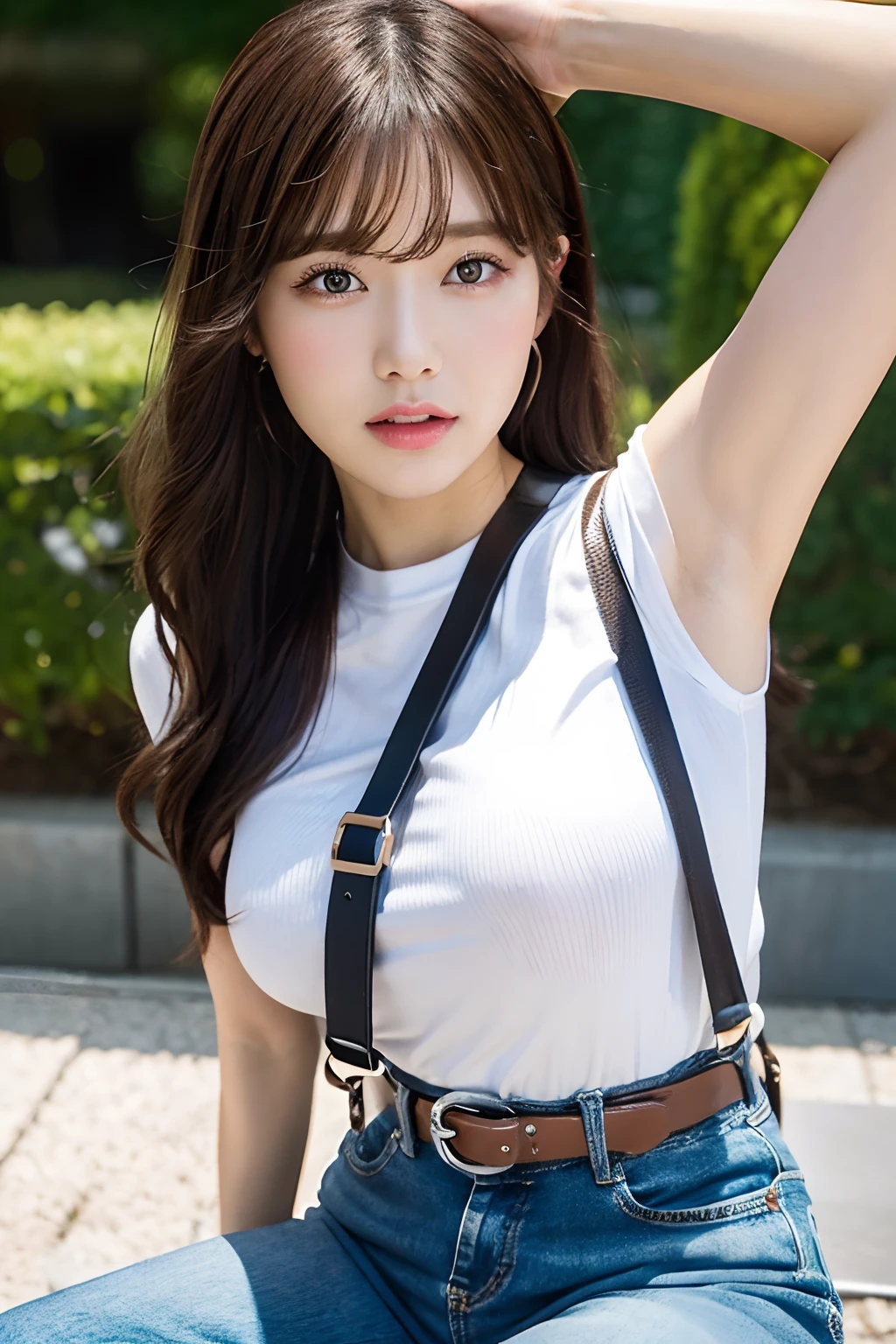 ​masterpiece、top-quality、The ultra -The high-definition、、colourfull、flat-colors、depth of fields、lens flare 1 girl、、A dark-haired、watching at viewers　holster　bobby　Cutter shirt　a belt　suspenders　working adults　materia　OL　　　glares　large full breasts　JINS　jeans　 Face sitting
Waiting to start　 Armpit sweat　perspiring　Side of both hands
