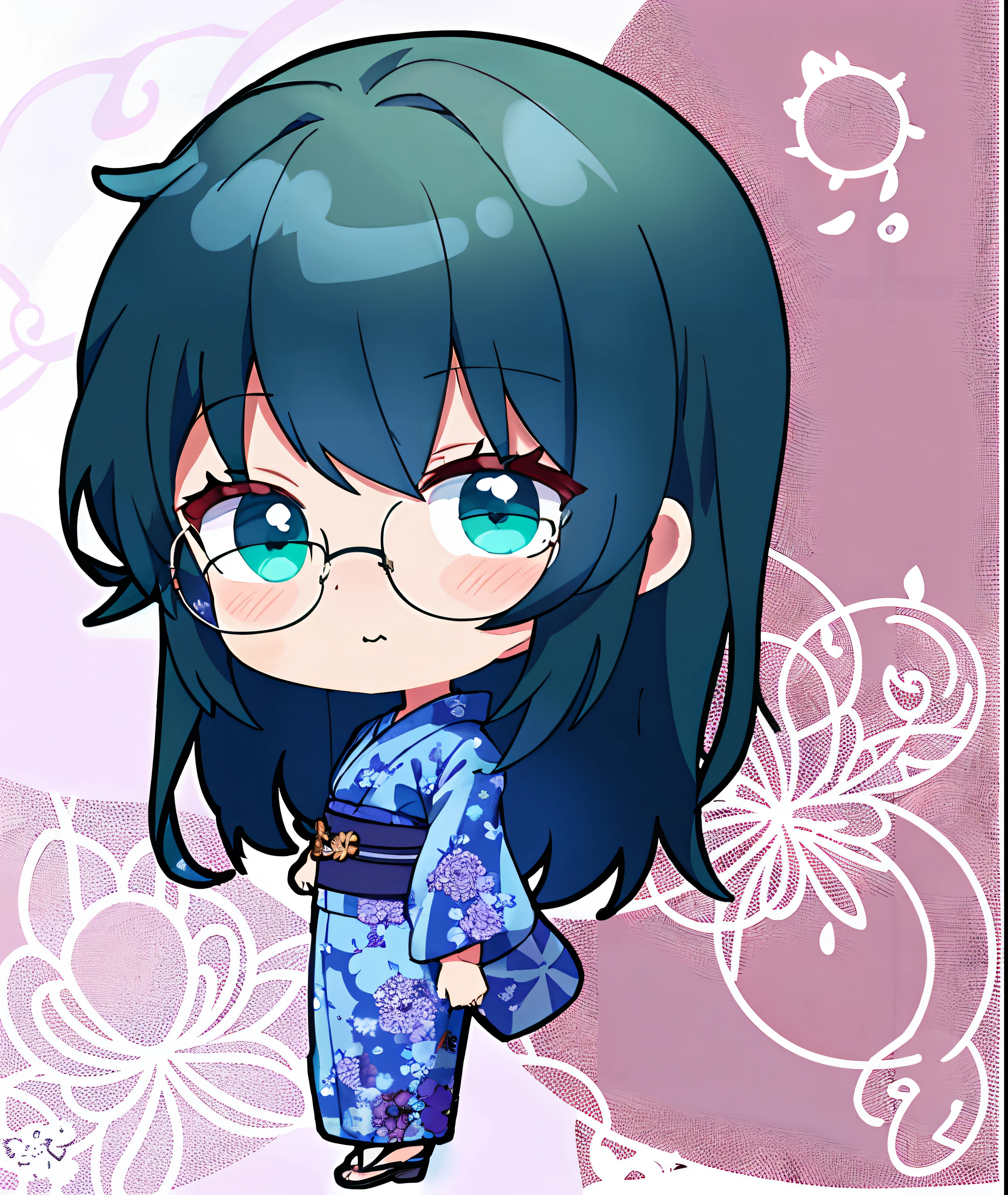 Cartoon girl in glasses and blue kimono, anime moe art style, Chibi Anime Girl, Chibi Girl, estilo chibi, anime chibi, Advanced Digital Chibi Art, In an anime style, 2 d anime style, !!Wearing glasses!!, Chibi Art, inspired by Takehisa Yumeji, cute anime style, Cute anime waifu in a nice dress、full bodyesbian、Looks Back、backs