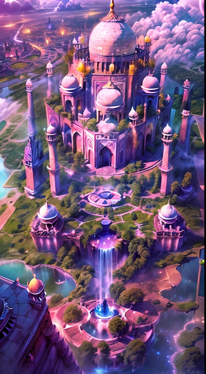 ((master pieces Taj Mahal realistic best quality, (8k, best quality, masterpiece:1.2), ultra-detailed, illustration, big fantasy city, Science fiction, ethereal city, Floating city, many planets in the skies, clouds around, celestial architecture, purple energy scarring around, Giant castle in the center, astral skies