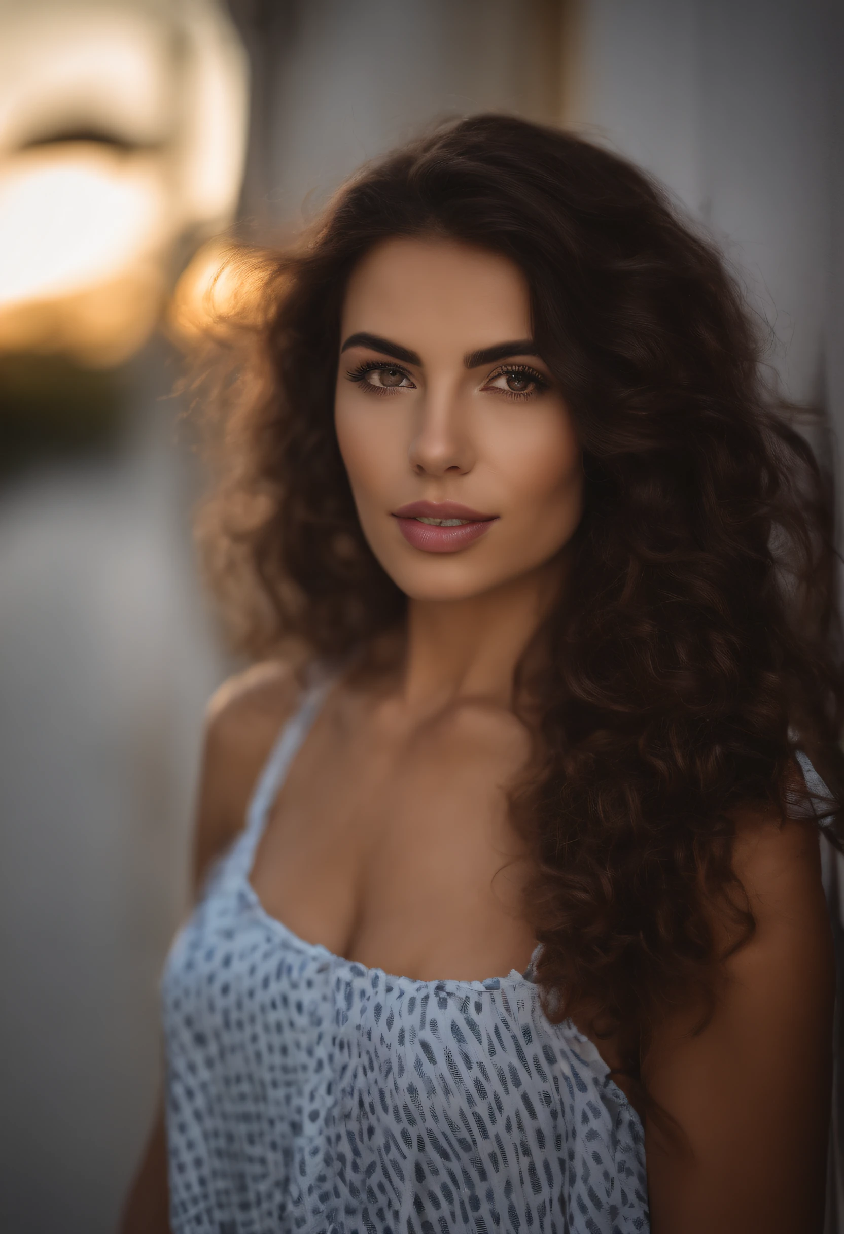 Brazilian woman with summer clothes , fille sexy aux yeux vert noisette , Portrait , cheveux bruns et grands yeux, selfie of a young woman, Violet Myers, sans maquillage, maquillage naturel, looking straight at camera, Visage avec Artgram, Maquillage subtil, Superbe photo du corps entier, dans la chambre, clivage