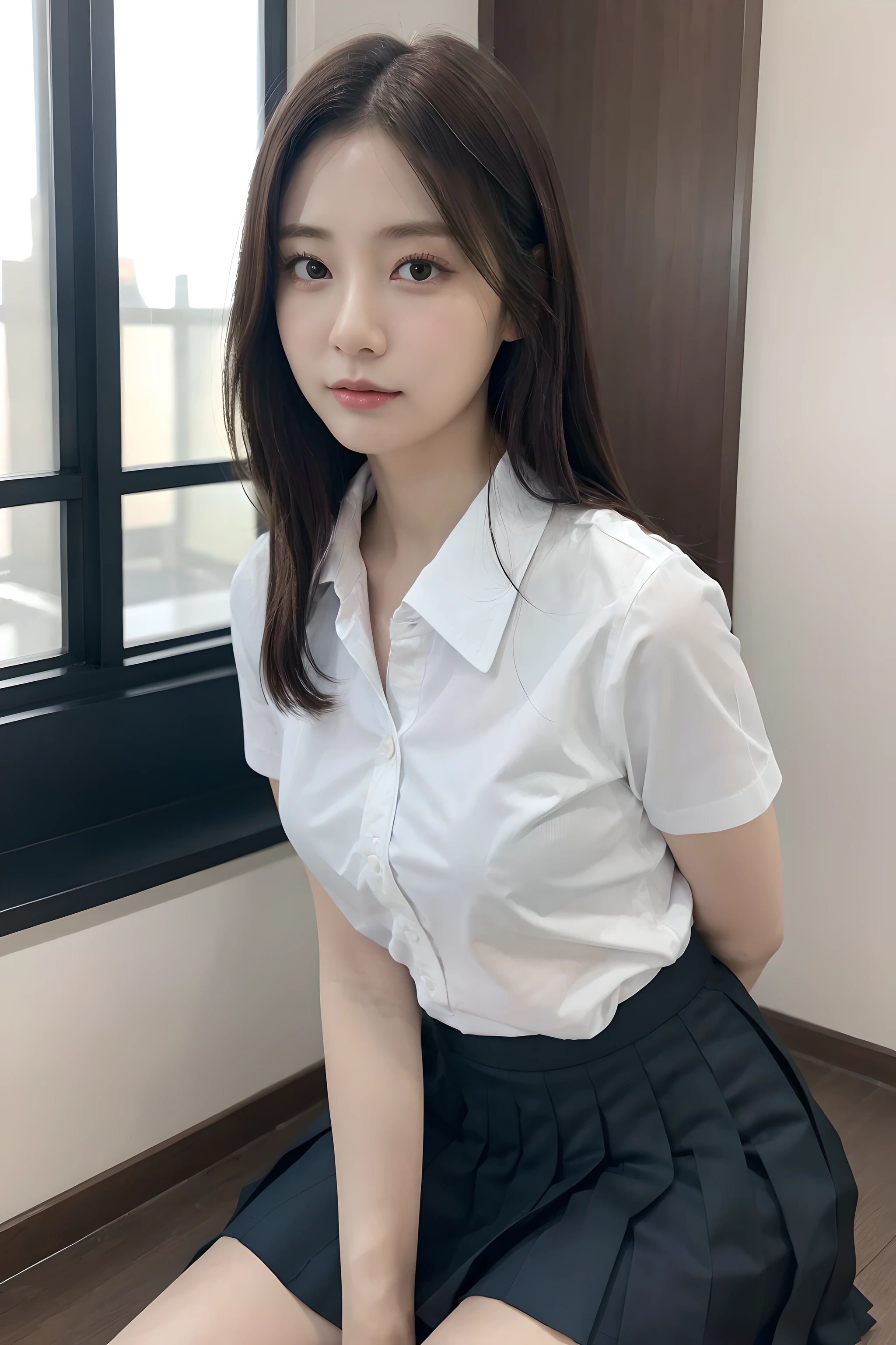 Chinese girl, sitting on a table, camera quite far away, wearing a white shirt, tie, holding a book, brown hair, and cynical