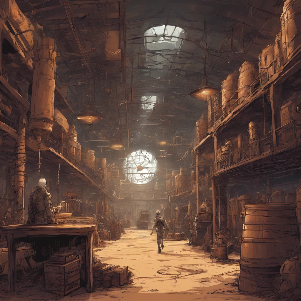 Males，In a dark room，Cluttered warehouses, Steampunk Factory in the Desert, (beste-Qualit, tmasterpiece:1.3), Very detailed fantasy illustration, View from inside