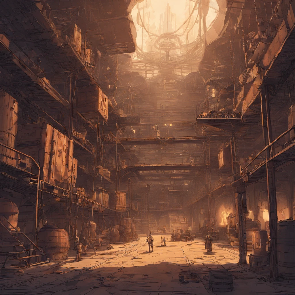 Males,In a dark room,Cluttered warehouses, Steampunk Factory in the Desert, (beste-Qualit, tmasterpiece:1.3), Very detailed fantasy illustration, View from inside