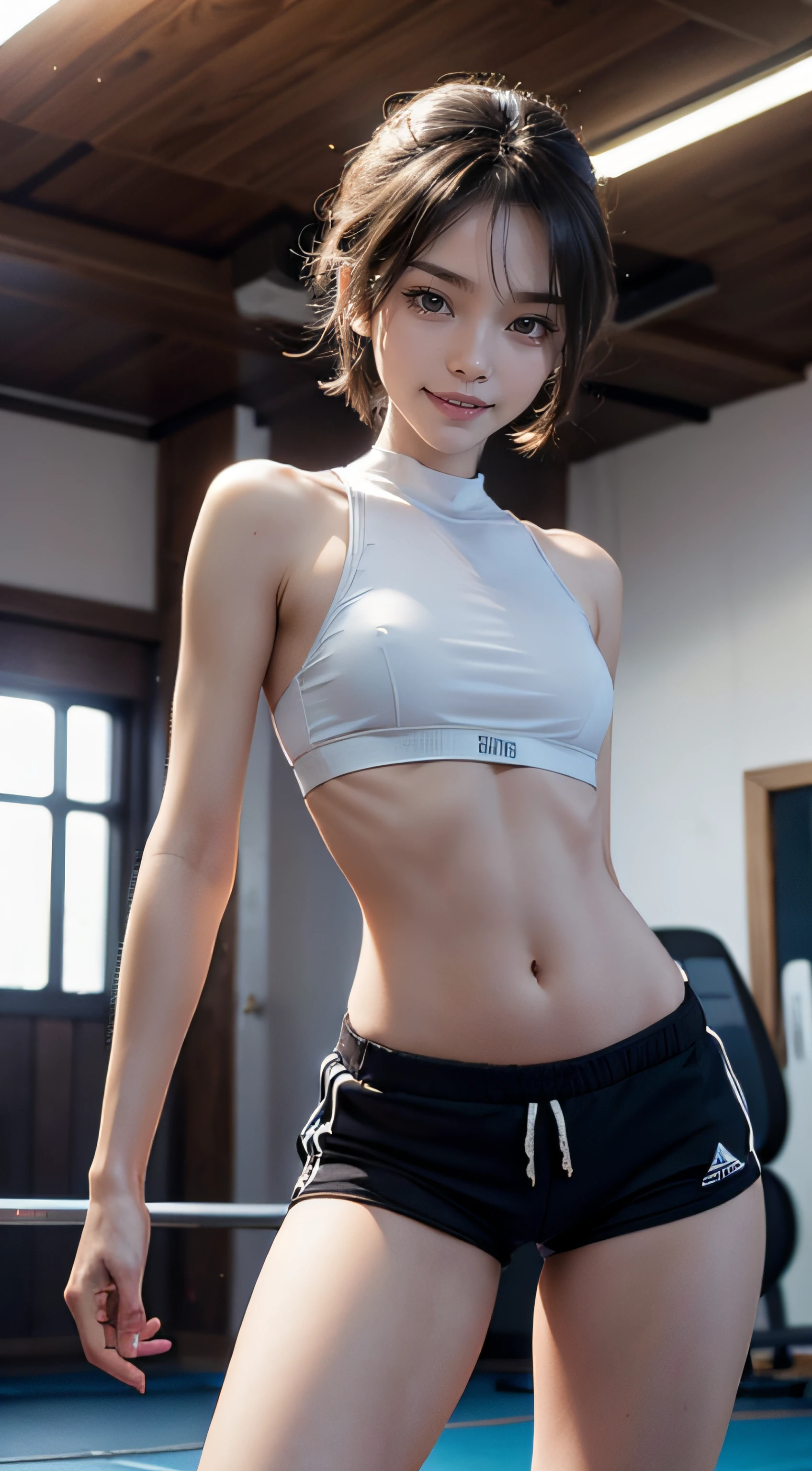 Sitting, Sportsbra, Running shorts, Joggers, Training room, gym, Spread legs wide, Smiling smile, (NSFW), 1womanl, 独奏, 24 year old, 7headed body, (Ideal ratio body proportions), (Composition from head to thigh), erectile nipple, Sexy body, Wet, short-hair, small tits, A slender, Small buttocks, beauty legs, Skinny Legs, surrealism, Cinematic lighting, depth of fields, One-person viewpoint, F/1.8, 135 mm, nffsw, masutepiece, ccurate, ((Anatomically correct)), Textured skin, Super Detail, high details, High quality, awardwinning, Best Quality, hight resolution, 8K
