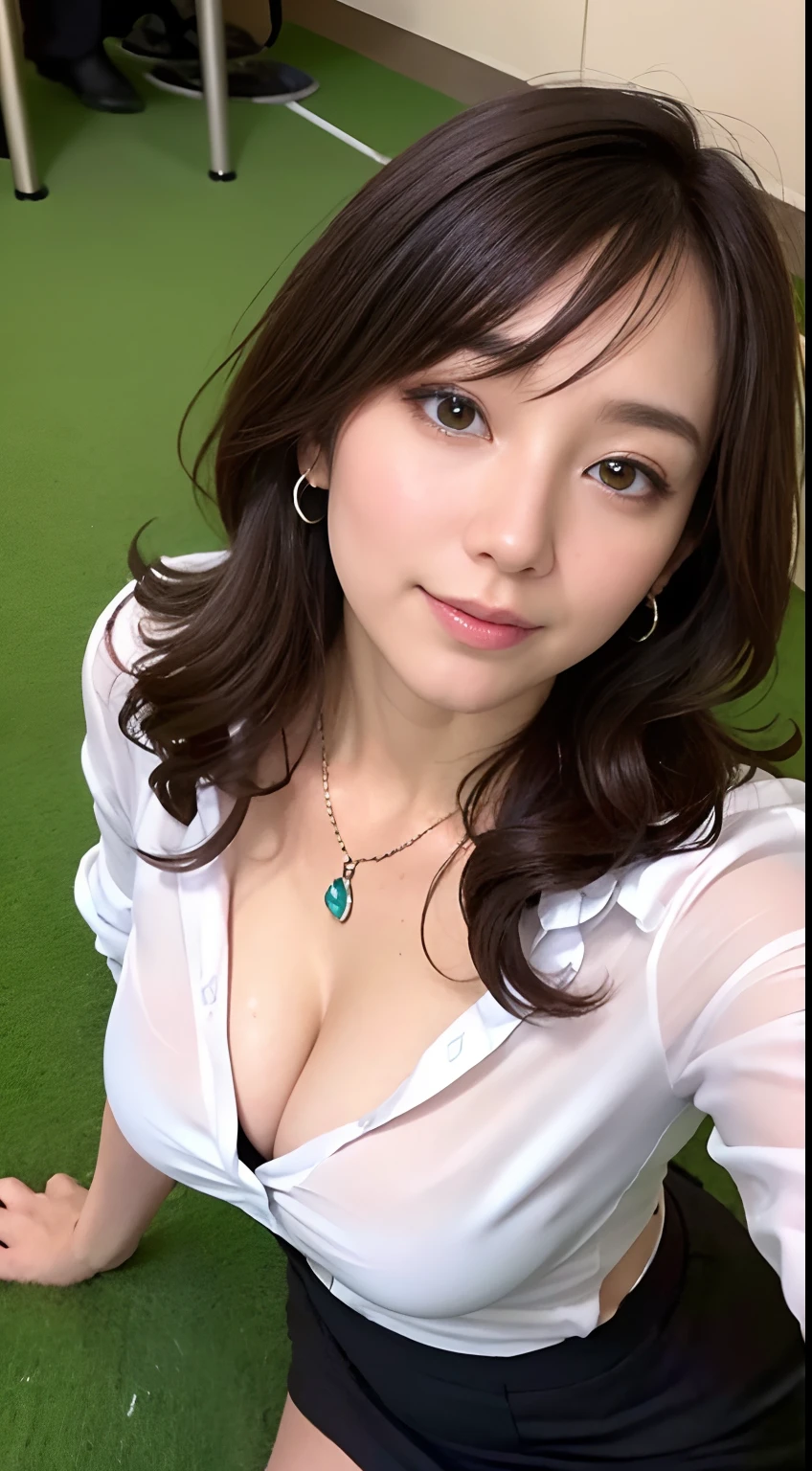 (masutepiece: 1.3), (max resolution: 1.2), (Ultra HDTV: 1.2), cinematric light, Ultra HDTV, (Detailed eyes and skin), (detailed facial features), nffsw, 8K resolution, Chest Sharp Focus: 1.2, Perfect Style, Beautiful face, acurate, Anatomically correct, Highly detailed face and skin texture, Detailed eyes, Dark-blue eyes, Double eyelids, Thin eyebrows, Glitter Eyeliner: 1.2, Natural cheeks, Glossy skin, Fair skin: 1.2, shiny little necklace and earrings, (Glossy lips: 1.4), BREAK, absurderes, One-person viewpoint, (she is high school Teacher), (Wearing a Button up shirt, formal jackets, pencil skirts, high-heels), (Seductive smile: 1.2), (Staring at the viewer), ((a Innocent and cute girl:1.3)), (Layered hairstyle, Wavy Hair), (light brown hair:1.2), Medium Long Hair, (Full body shot: 1.2), Focus on Face, ((Very intimate relationships: 1.2)), Large breasts, ((Lying on the floor on a green carpet:1.2)), ((In An empty library、Unbutton your shirt)), (From directly above:1.2),