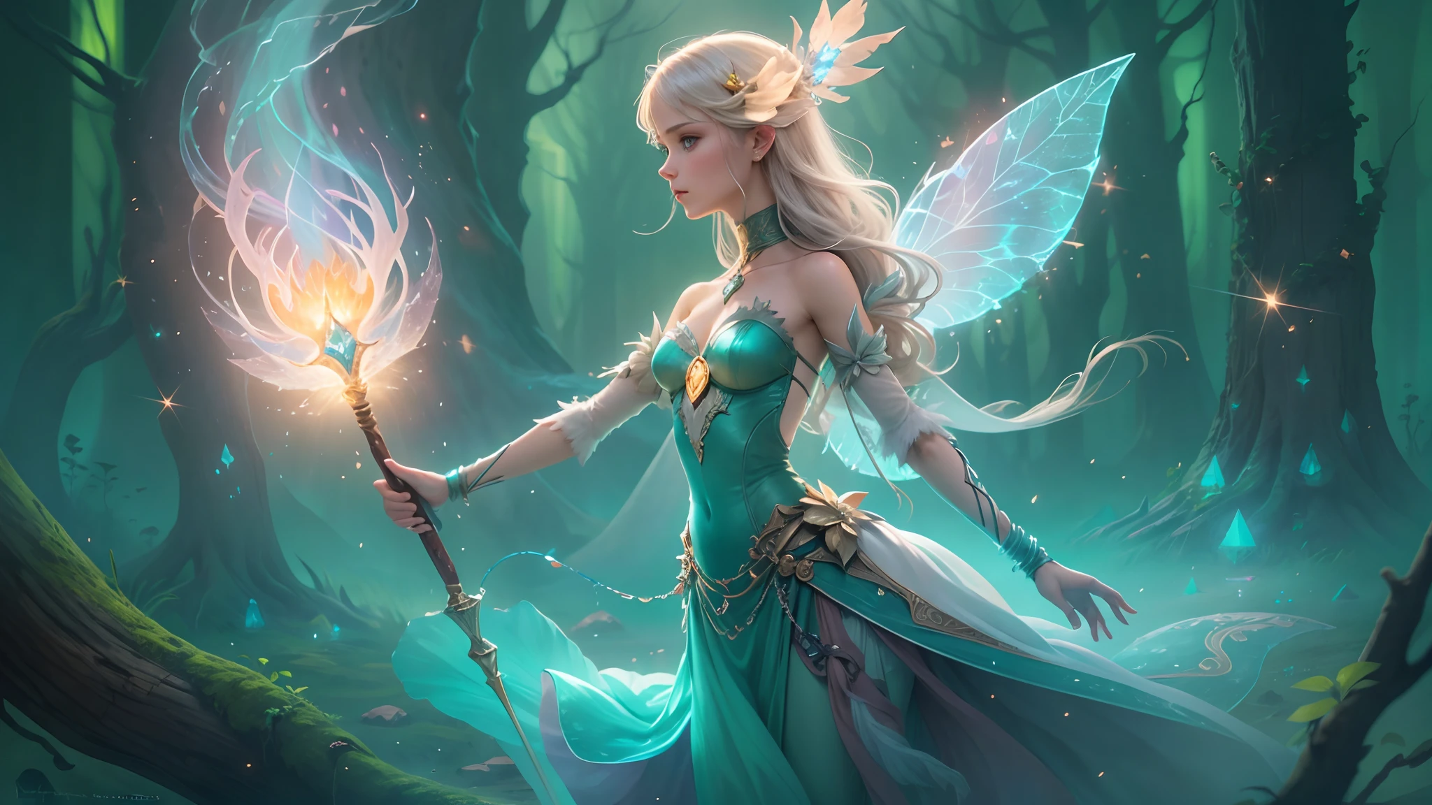 "Illustrate Aurora, the kind-hearted fairy, standing tall with her ancient Eldertree wand, its crystal core glowing with ethereal light."