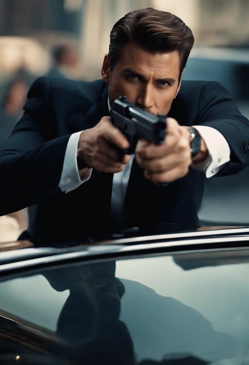 arafed image of a man in a suit holding a gun, action movie still, 🕹️ 😎 🔫 🤖 🚬, 8 k movie still, movie action still frame, stylish pose, promotional movie still, dynamic action shot, intense look, handsome man, menacing look, movie still 8 k, smug look, serious business, movie promotional image