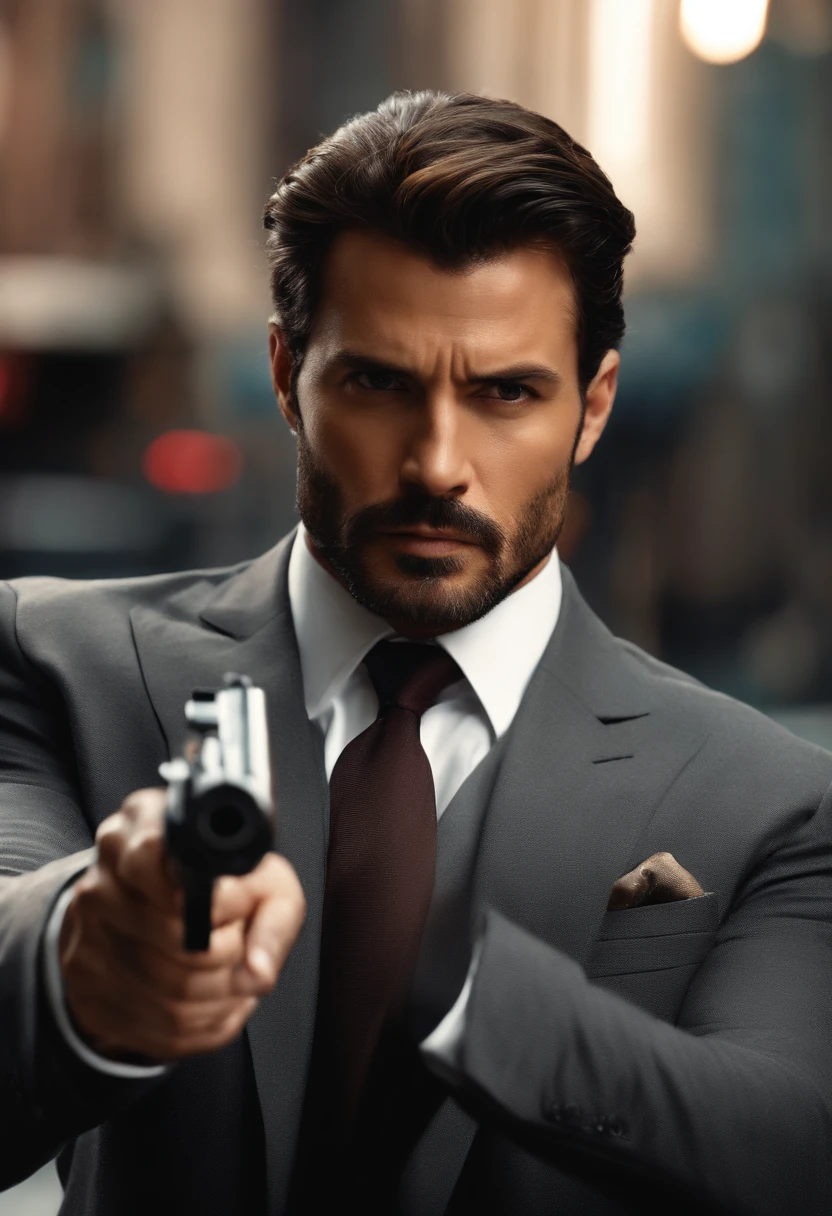 arafed image of a man in a suit holding a gun, action movie still, 🕹️ 😎 🔫 🤖 🚬, 8 k movie still, movie action still frame, stylish pose, promotional movie still, dynamic action shot, intense look, handsome man, menacing look, movie still 8 k, smug look, serious business, movie promotional image