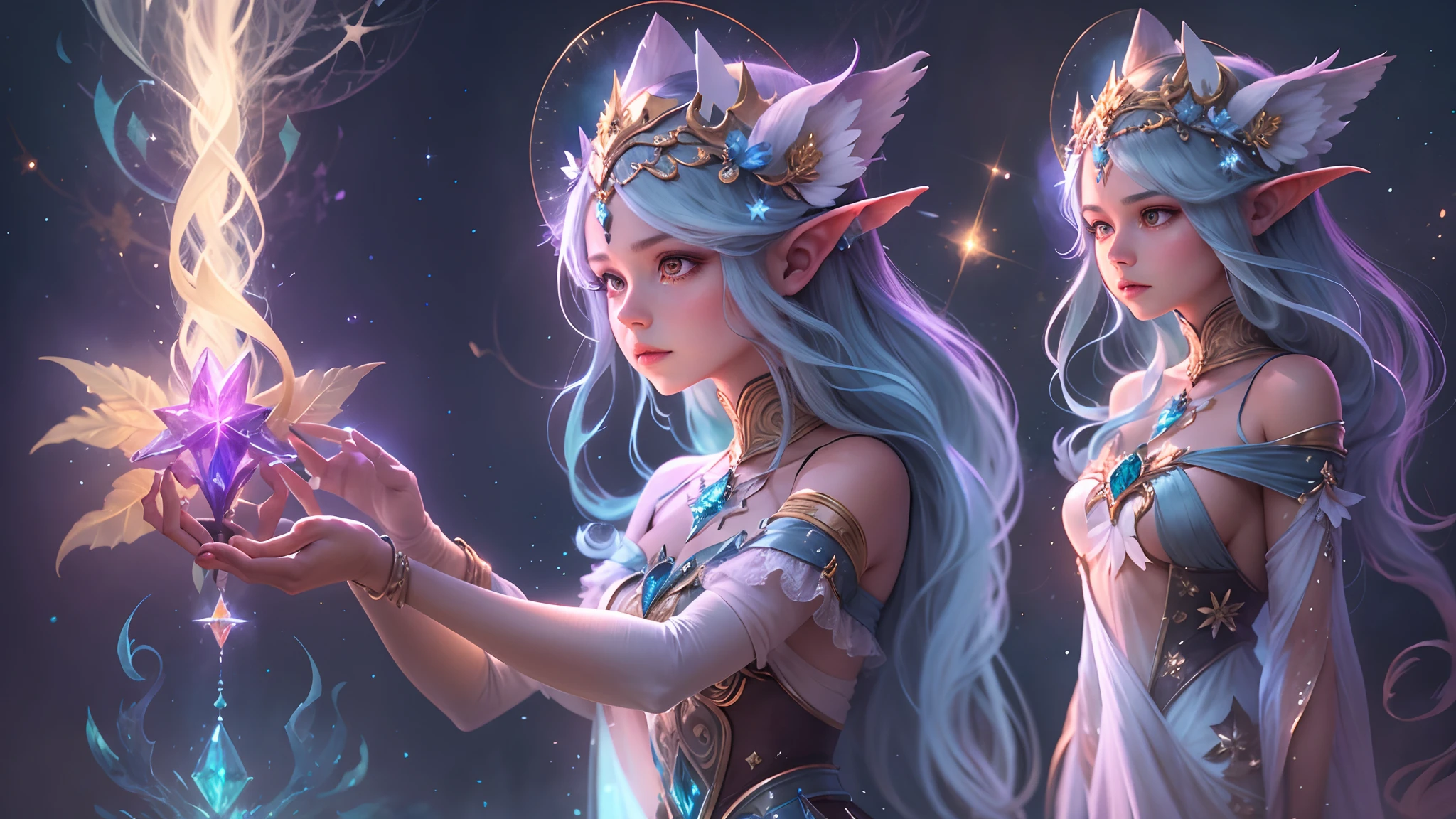 "Illustrate Aurora, the kind-hearted fairy, standing tall with her ancient Eldertree wand, its crystal core glowing with ethereal light."