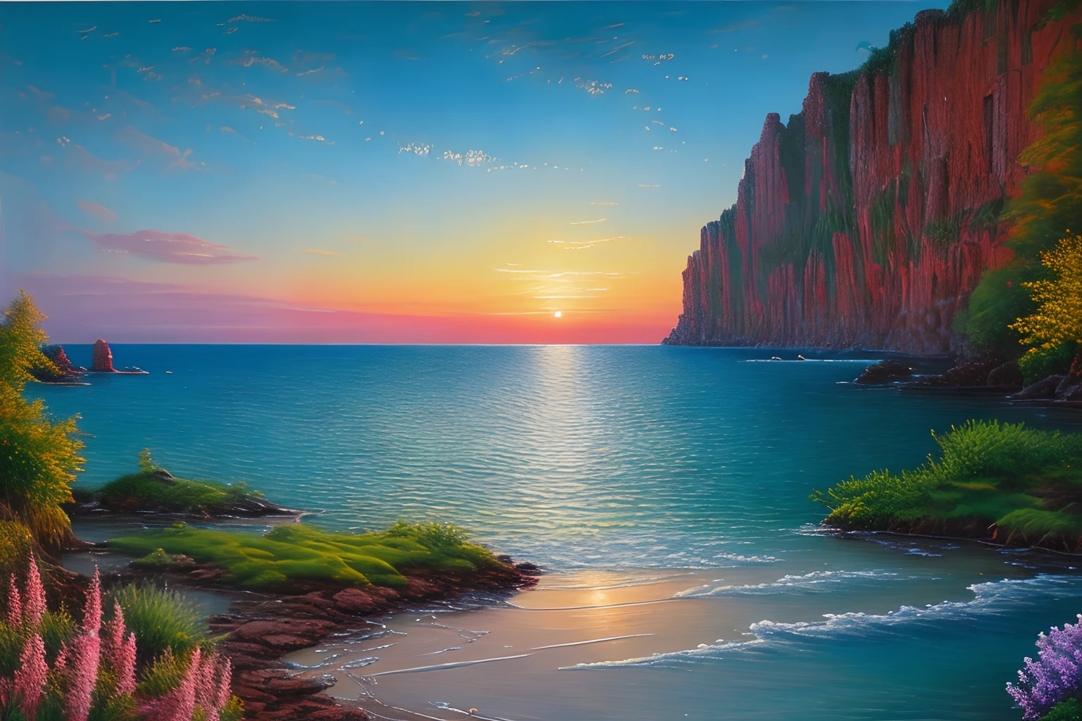 Landscape inside the earth, mer cristalline bleu cobalt, Petite barque,fleurs, barque sur l'eau, Eau cristalline, coucher du soleil, ,(Highly detailed CG Unit 8k wallpaper), The most beautiful work of art in the world, Professional majestic oil painting, complexe, High detail, mise au point nette, dramatique, Art of photorealist painting,