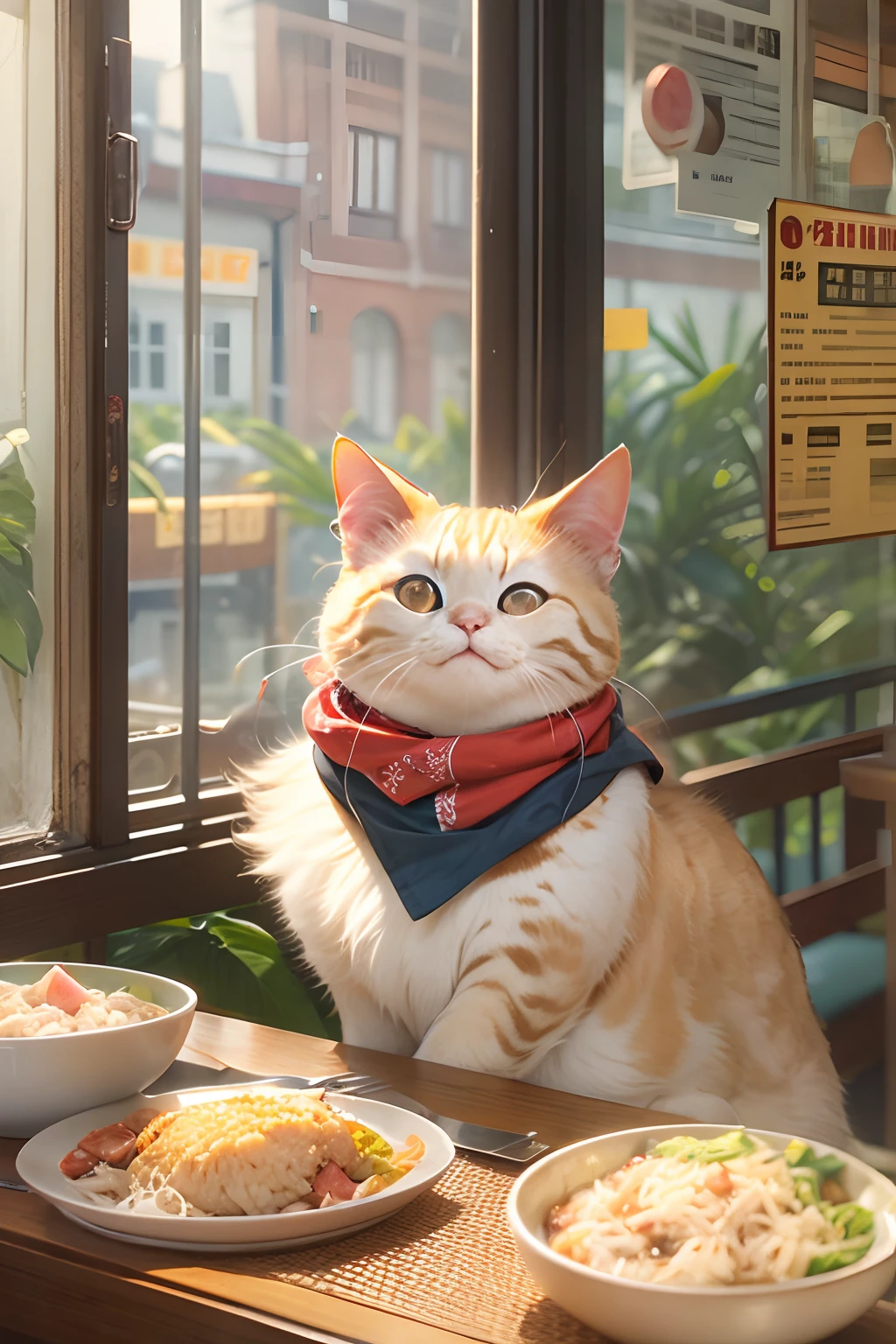 A round-eyed meow smiles, Selling chicken rice in restaurants.Sunlight outside the window.