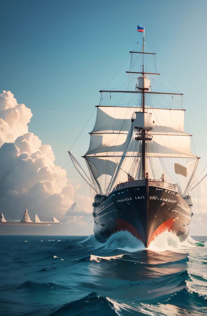Next to the island, a huge metal whaling ship with a huge shark lying on it, technological, modern, military, super fine details, 4K
