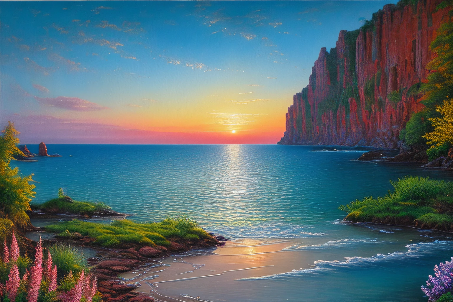 Landscape inside the earth, mer cristalline bleu cobalt, Petite barque,fleurs, barque sur l'eau, Eau cristalline, coucher du soleil, ,(Highly detailed CG Unit 8k wallpaper), The most beautiful work of art in the world, Professional majestic oil painting, complexe, High detail, mise au point nette, dramatique, Art of photorealist painting,