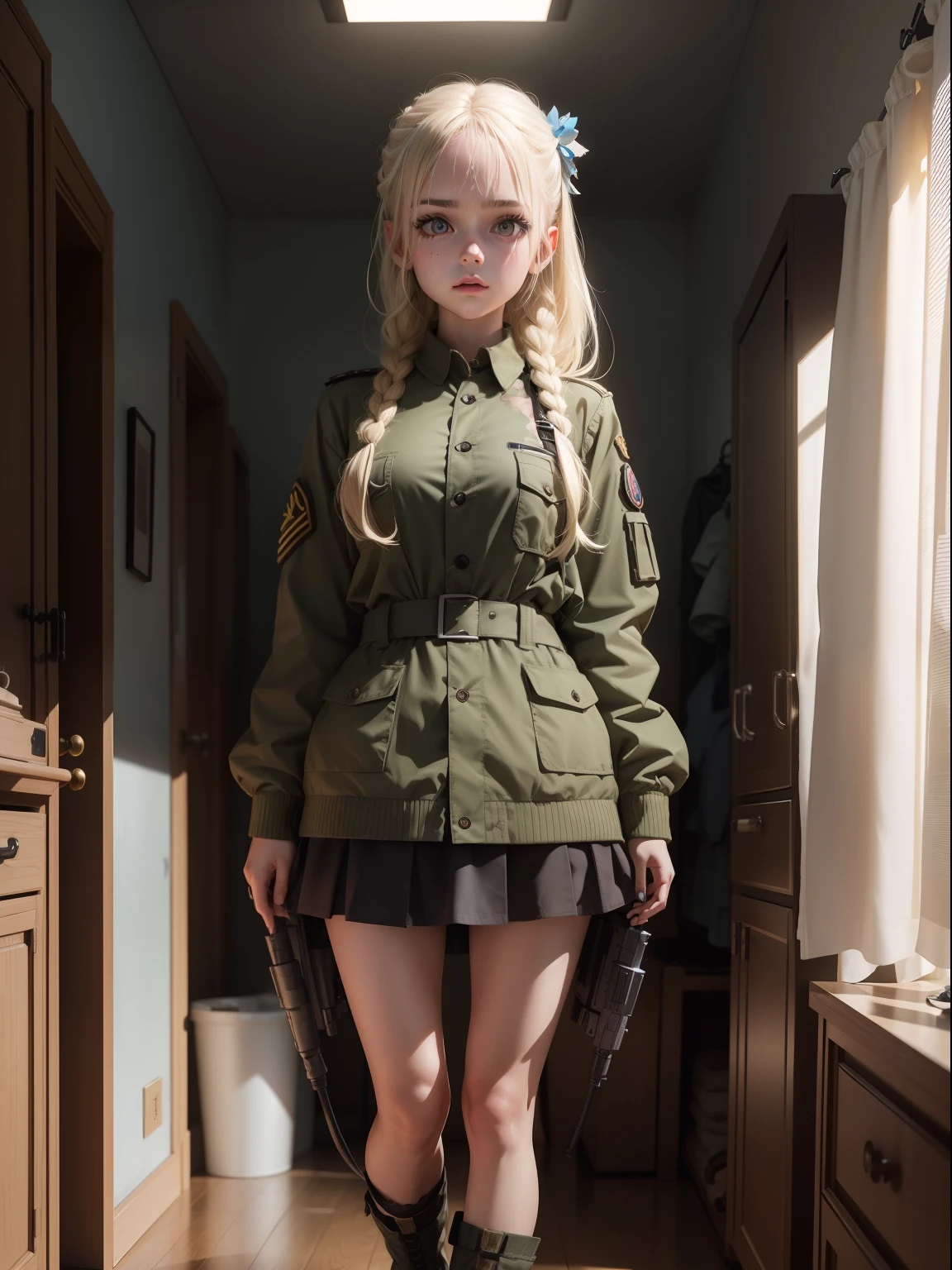 Destroyed bases,ukrainian girl , Ukrainian anime girls , , Ukraine , Full body composition of young girl with messy bright blonde hair, eye make up, , Soft lighting, Solo,, badges, Pose, Blotch color, Octane Render, Hyperrealistic intricate detail, Cinematic, 8K resolution, 70mm, Accent Lighting, Global Illumination, Full body portrait, clean detailed faces, poneyTail,Cute face,, Slim legs,In the military bedroom,