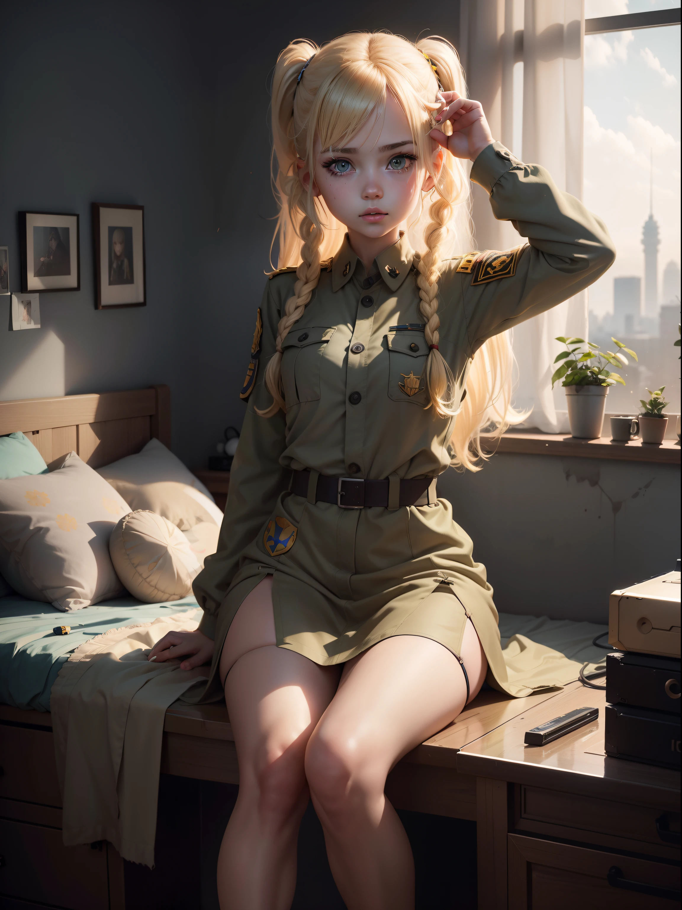 Destroyed bases,ukrainian girl , Ukrainian anime girls , , Ukraine ,  Full body composition of young girl with messy bright blonde hair, eye make up, ,  Soft lighting, Solo,, badges, Pose, Blotch color, Octane Render, Hyperrealistic intricate detail, Cinematic, 8K resolution, 70mm, Accent Lighting, Global Illumination, Full body portrait, clean detailed faces, poneyTail,Cute face,, Slim legs,In the military bedroom,