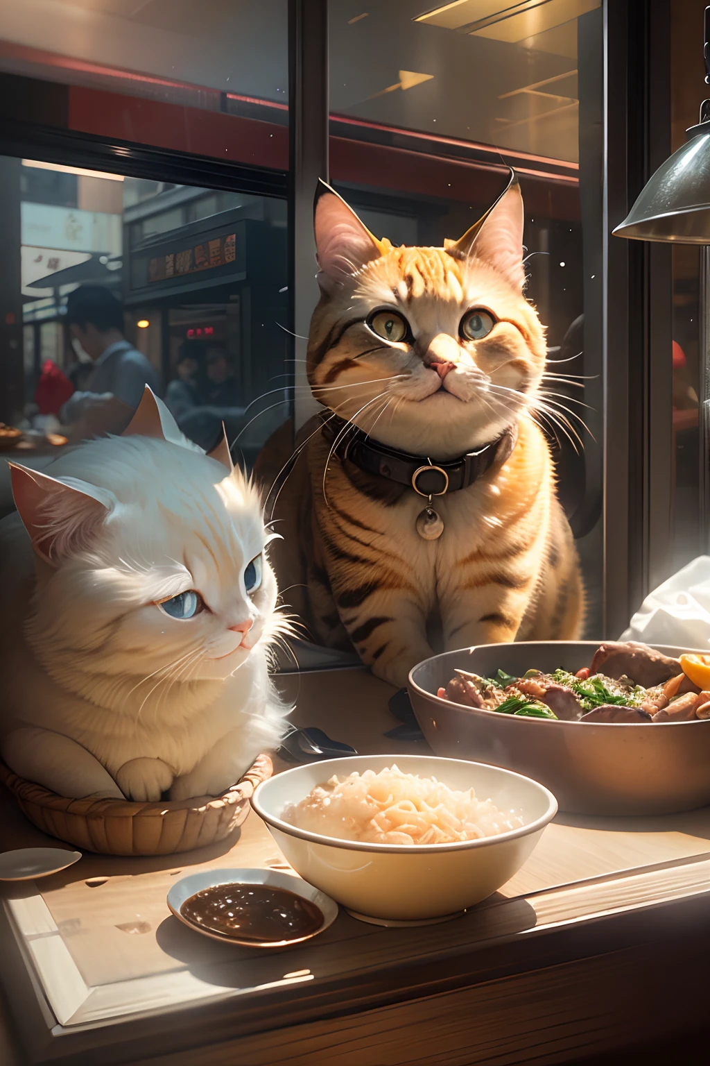 A round-eyed meow smiles, Selling chicken rice in restaurants.Sunlight outside the window.