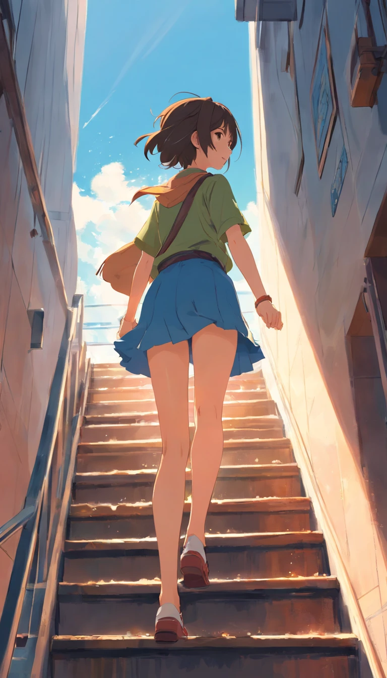 one-girl,Upp,Climb stairs ,Super detail, High details