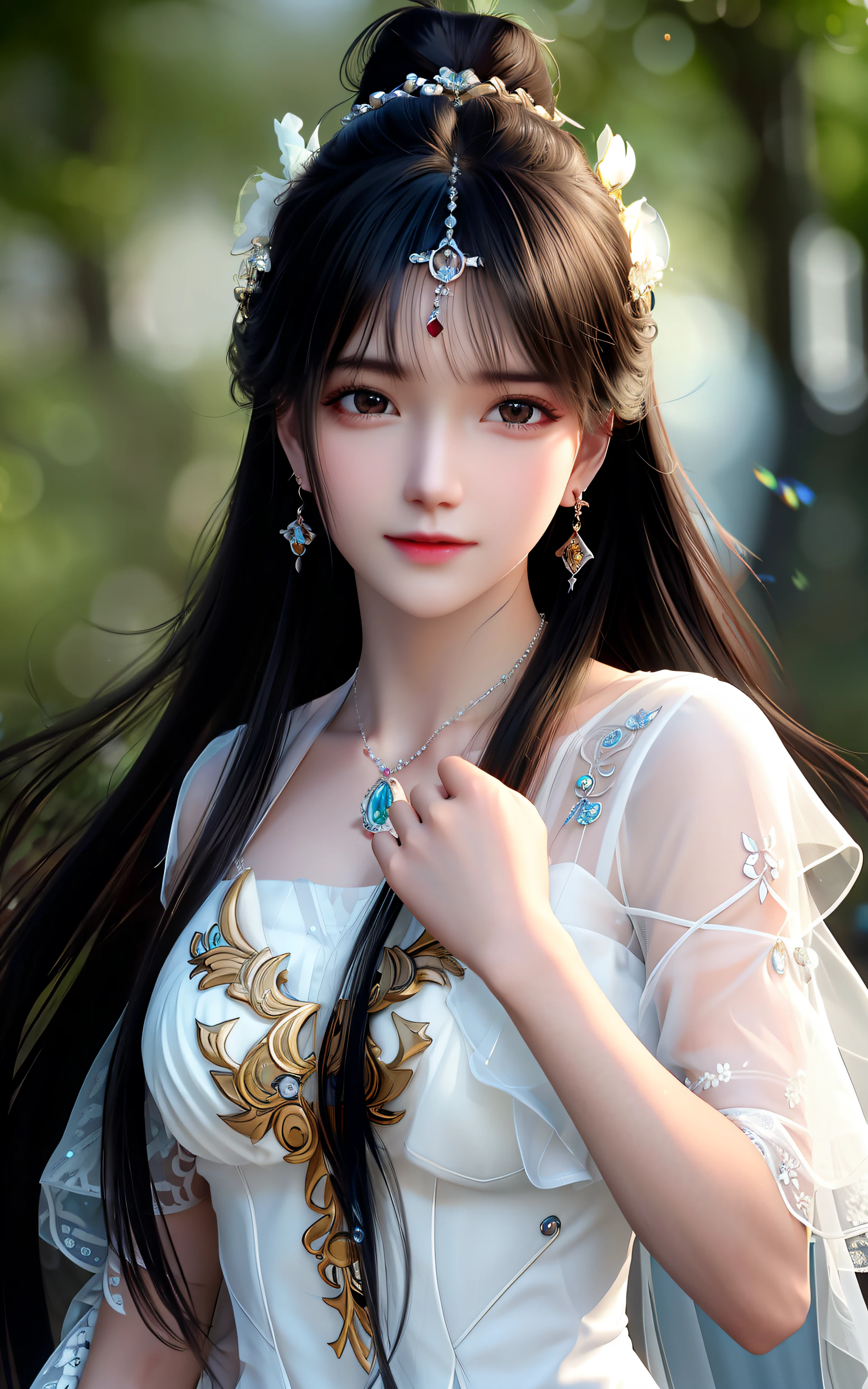 best quality,masterpiece,highres,cg,
1girl,weapon,sword,long hair,dress,water,solo,jewelry,white dress,earrings,hair ornament,splashing,upper body,hair bun,black hair,
lighting,candid,Photograph,high resolution,4k,8k,Bokeh,