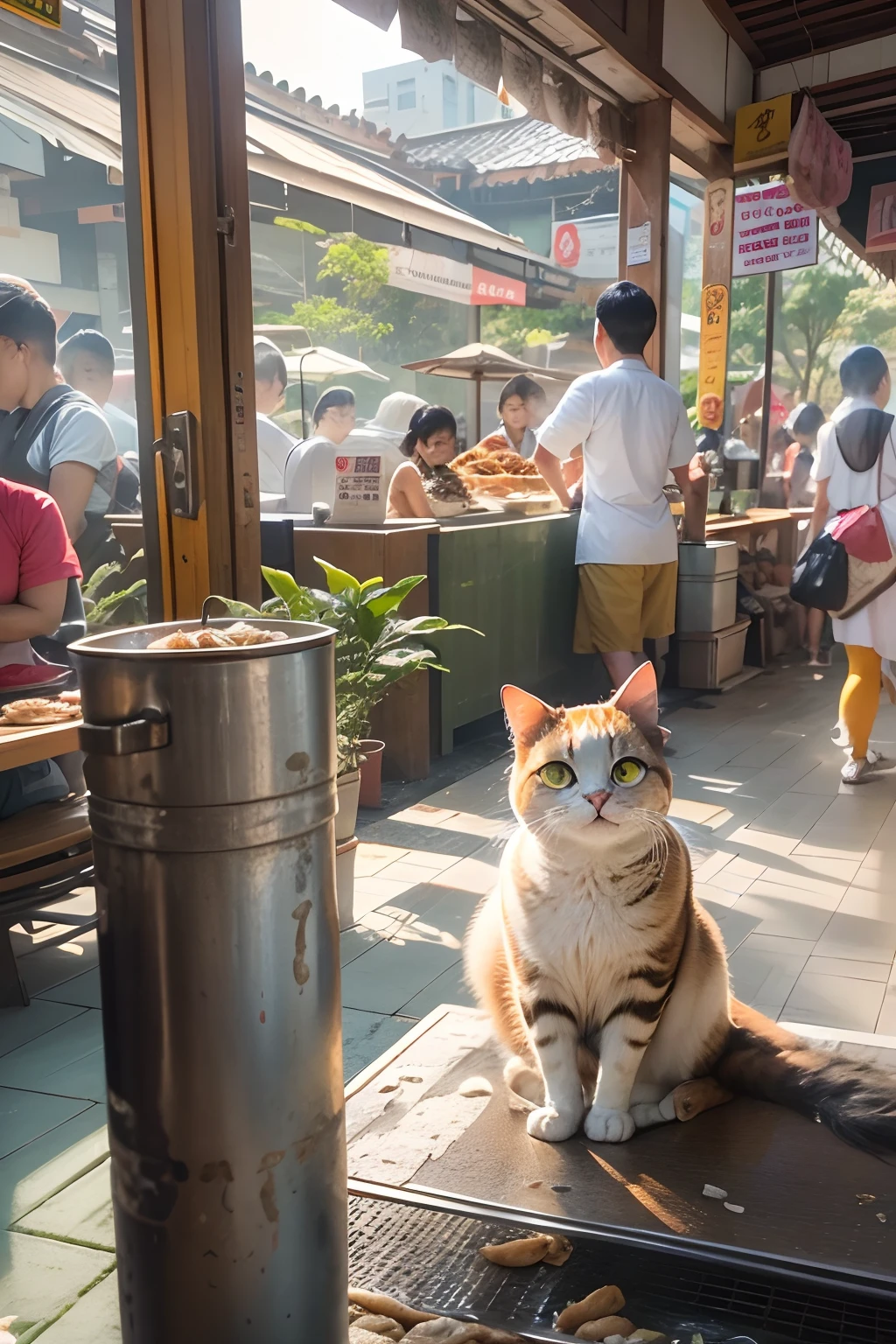 A round-eyed meow smiles, Selling chicken rice in restaurants.Sunlight outside the window.