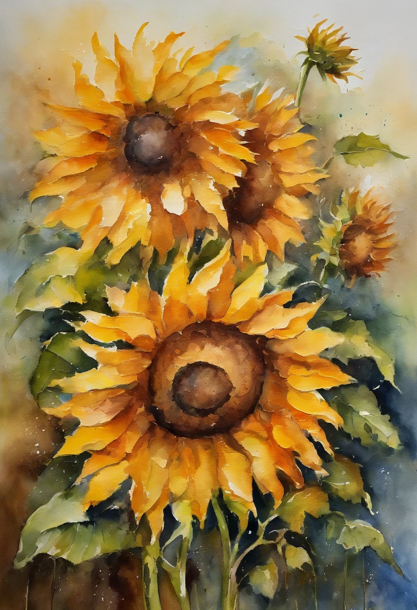 (best quality,highres),dense sunflowers,vivid colors,detailed petals,bright yellow flowers,artistic composition,light and shadow,impressionistic feel,brushstrokes,close-up view,long stems and leaves,delicate textures,Golden ratio composition,play of light and color,the beauty of nature,pallet knife painting.