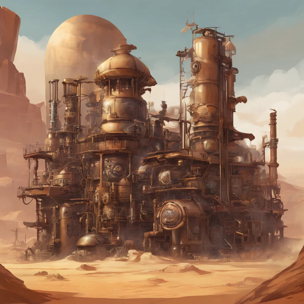 Steampunk Factory in the Desert, (beste-Qualit, tmasterpiece:1.3), Very detailed fantasy illustration,