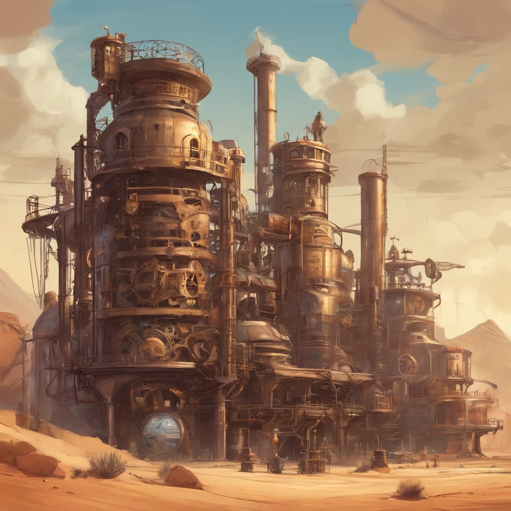 Steampunk Factory in the Desert, (beste-Qualit, tmasterpiece:1.3), Very detailed fantasy illustration,