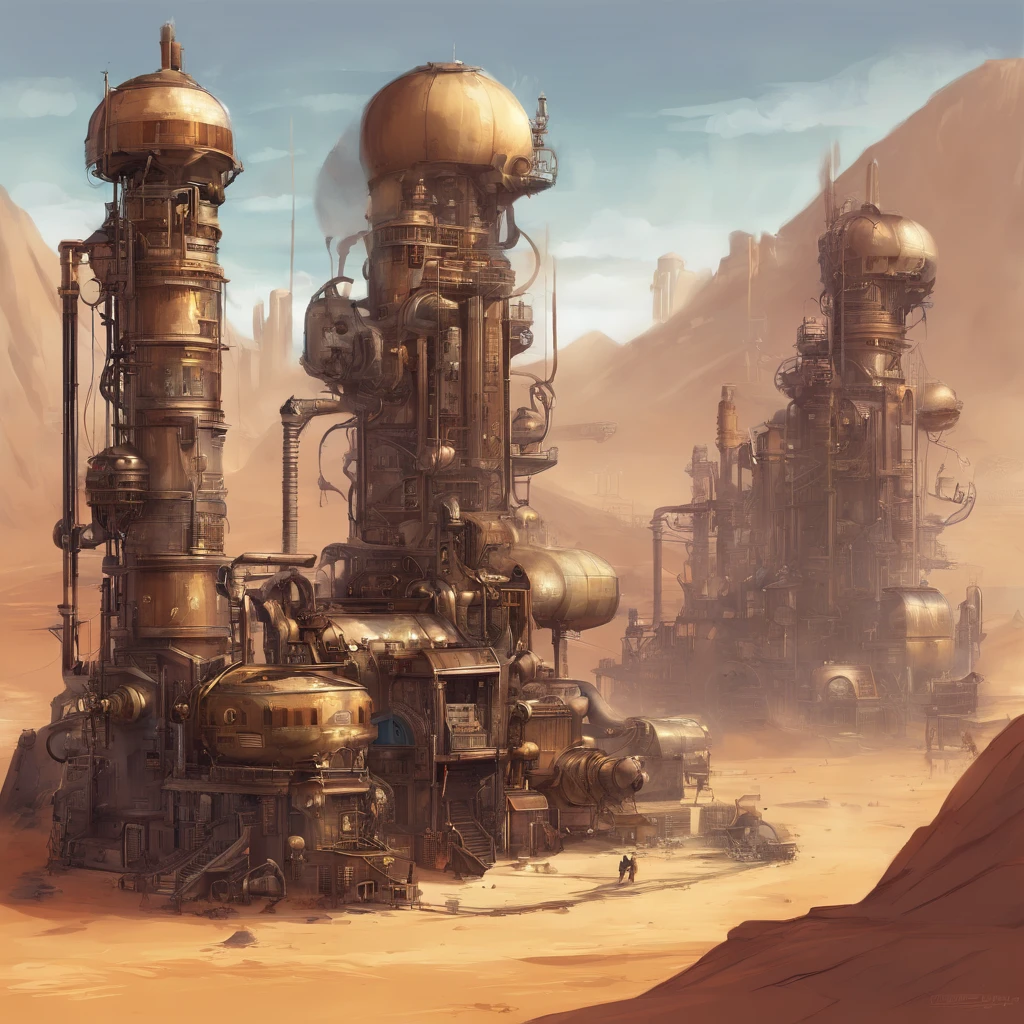 Steampunk Factory in the Desert, (beste-Qualit, tmasterpiece:1.3), Very detailed fantasy illustration,
