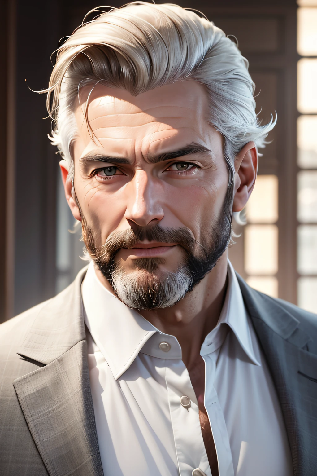 Realstic , Magnifique homme mature en costume classe , 50 ans , Belle barbe courte , coupe de cheveux courte et moderne , Salt and pepper hair colour , Executive Sexy Man, Terno donc, Front camera focus, Mode portrait, perfectly straight in front of the camera , perfectly straight in front of the camera , 8k resolution, Best quality,Very meticulous,ultra high quality