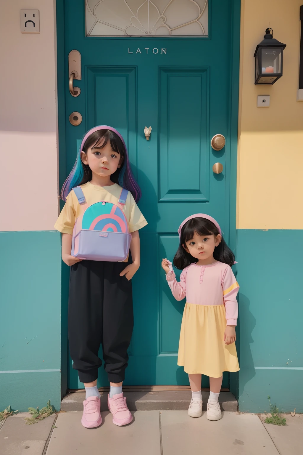 year: 2023. Location: Sweden. Pre-Raphaelite, two 3 and 7-year-old little girls, sisters, black hair, standing outside a door threshold, in the street, view from inside the home, open door, ((holding a food container)), ((((casual colorful kid Clothing from the 2020s)))) ((Hairstyle of the 2020s)), pastel colors, (((cinematic style)))