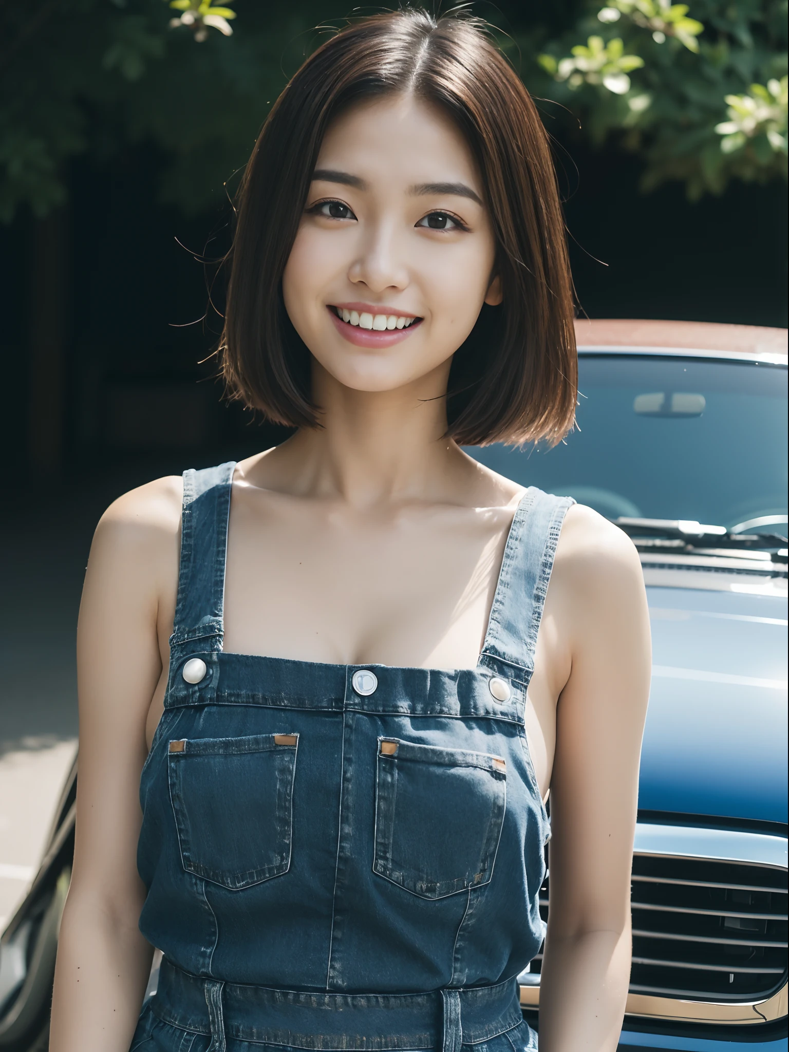 (masterpiece), (high resolution 32K), photo realistic, Japanese choibusu girl,20years old,black hair,brown eyes,large,(she wears denim jumpsuit),no bra,large breasts,breast out, (symmetrical clear eyes:1.3), detailed eyes and face, detailed body, detailed skin, detailed hair,half-smile,emotional faces,half-smile,teeth,solo,looking at viewer,outdoor, car-garage,old car behind her, afternoon, natural lighting, Sony α7, 50mm, f1.4
