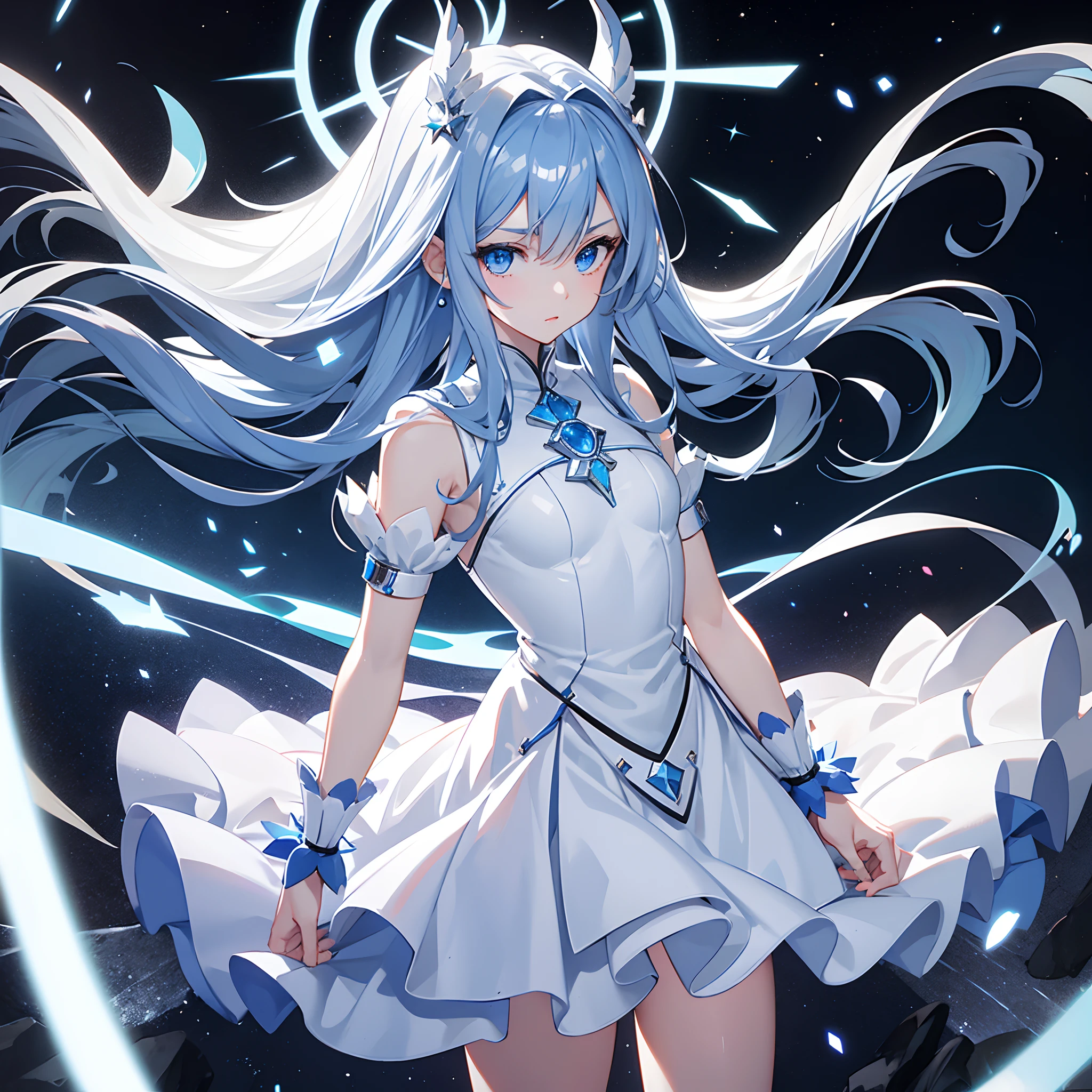 alone,Blue eyes look fresh.,Age 20,A white dress with a blue comet in the center of the chest....,Black hair, high-life, white.,bang, Cover the forehead...,Square face,young adult male,anime ,teacher, Blue Archives, ,Black dress,White veils,On the arms there is a high-tech look blue bracelet.,It has a blue ring like a tail.