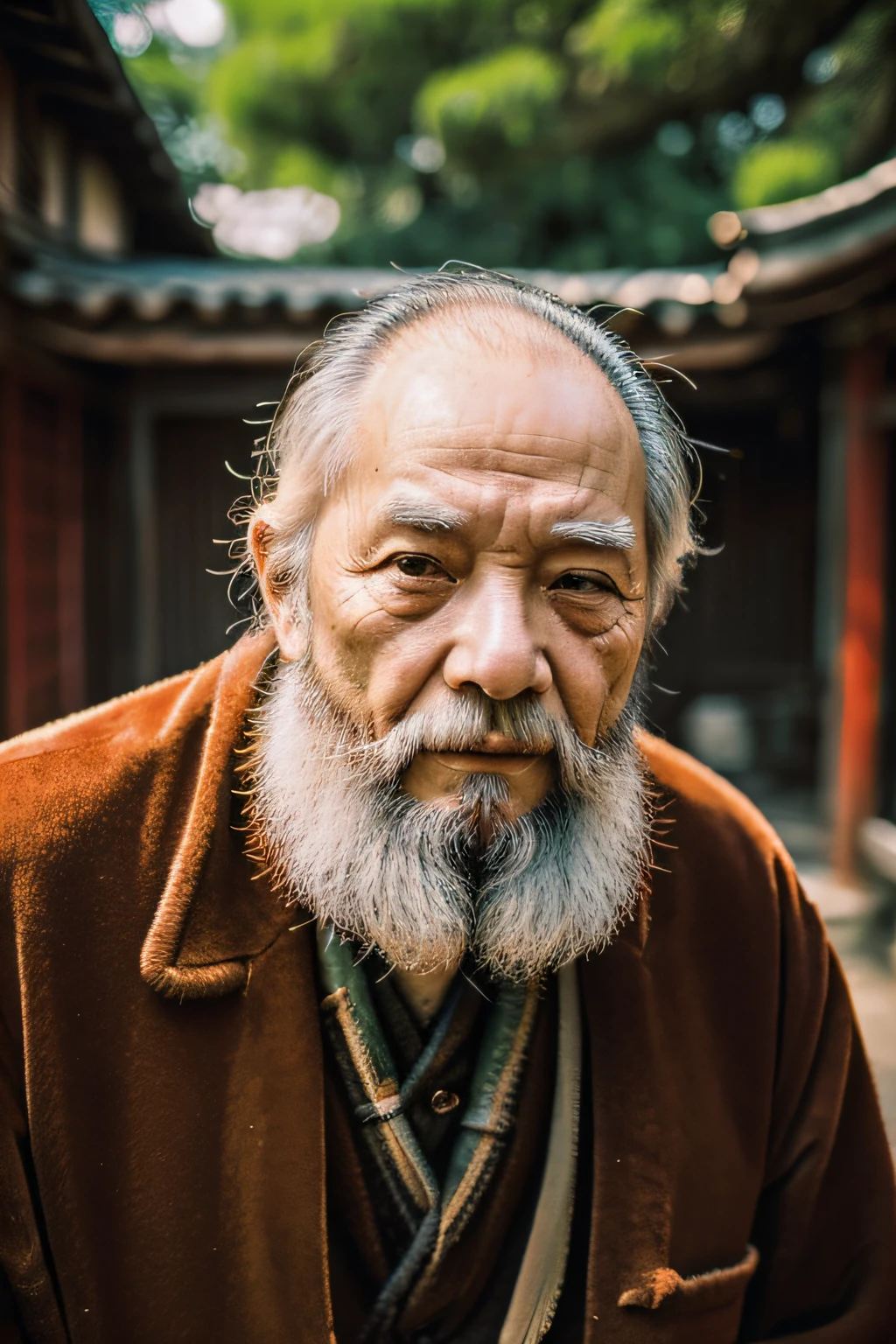 An old man with traditional Chinese thinking,Real frontal photos,Authentic background,The background is nature,holding books,worn-out clothing,Face full of wrinkles,80 years old Chinese medicine practitioner,Wise eyes,The beard is white,male people,country style,Leave the top of your head empty