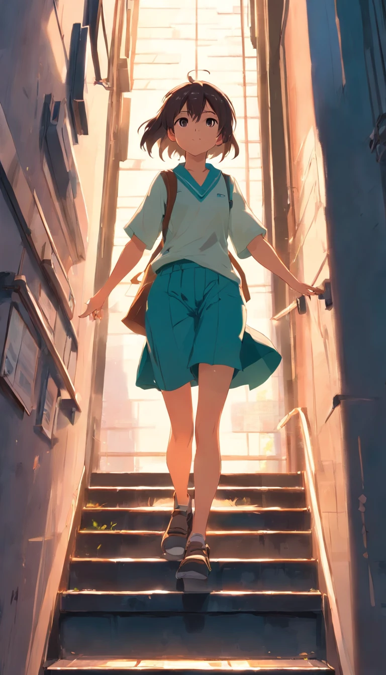 one-girl，Upp，Climb stairs ，Super detail, High details