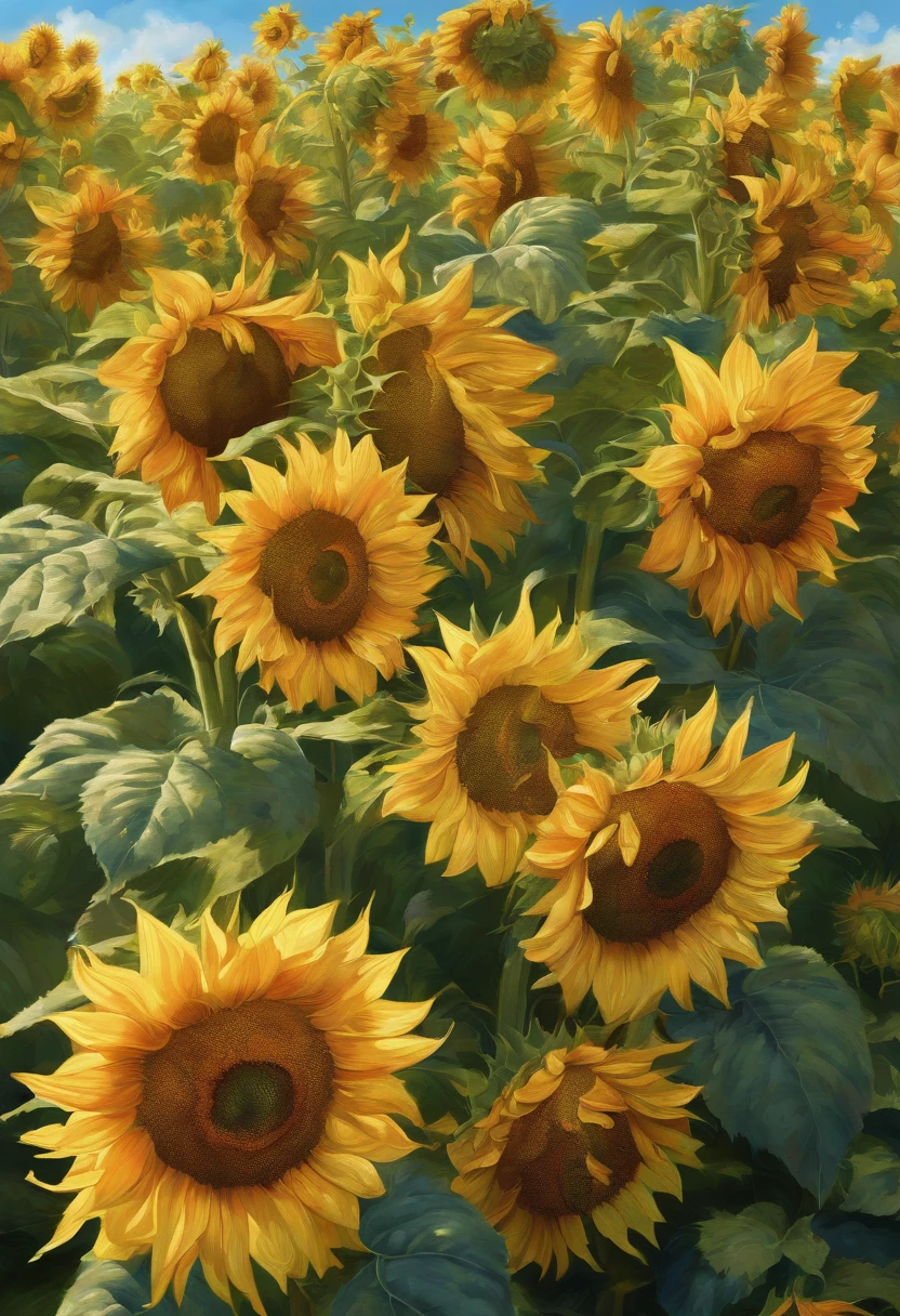 highres,best quality,(vivid colors,saturated colors),(realistic,photorealistic) sunflowers,(detailed leaves,tall stalks),petals in multiple shades of yellow and orange,thick textured petals,large flowers,intricate details,abundant,overlapping petals,dense arrangement,contrast with blue sky and green field,impressionism style,soft brush strokes,play of light and shadow,glowing sunbeams,slightly tilted angle