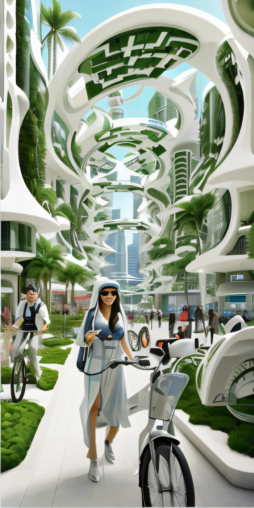 Image of Arafad on a woman riding a bicycle on a sidewalk, human futuristic city, in a future city, Beautiful city of the future, futuristic street, The future city, landscape of a future city, city of the future in russia, futuristic city street, otherwordly futuristic city, hyper-futuristic city, russian city of the future, Future City