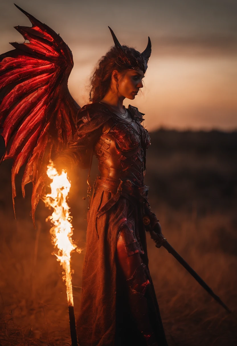 Beautiful Succubus Warrior wearing Neon Mecha Armour Holding a Staff in a field of blood, (((glowing light eyes, Demon wings))), Wide Shot, Biomechanical, eerie, Creepy, nightmarish, Very bright neon colours, Light particles, with light glowing, winner of the year's best photo, the world on fire, post-apocalyptic hellscape military photography, photo epic of the year, fire on the horizon, epic cinematic shot, pure form, intricate detail, 8k post-production, High resolution, super Detail,