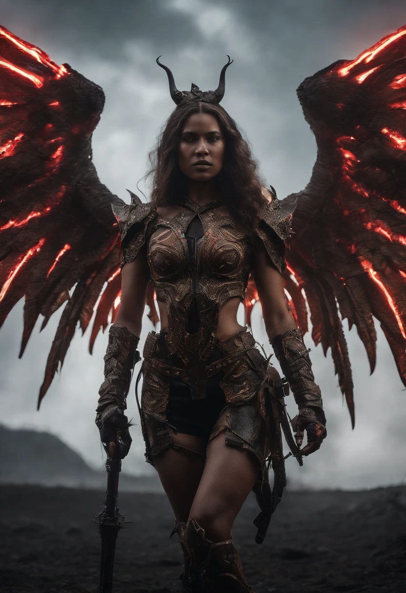 Beautiful Succubus Warrior wearing Neon Mecha Armour Holding a Staff in a field of blood, (((glowing light eyes, Demon wings))), Wide Shot, Biomechanical, eerie, Creepy, nightmarish, Very bright neon colours, Light particles, with light glowing, winner of the year's best photo, the world on fire, post-apocalyptic hellscape military photography, photo epic of the year, fire on the horizon, epic cinematic shot, pure form, intricate detail, 8k post-production, High resolution, super Detail,