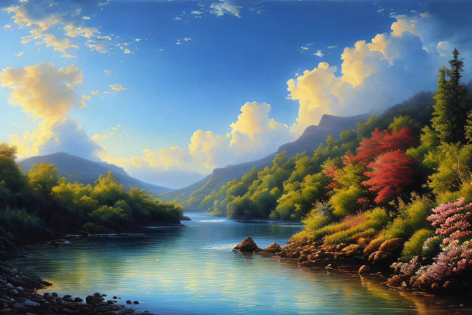 Landscape inside the earth, mer cristalline bleu cobalt, Petite barque,fleurs, barque sur l'eau, Eau cristalline, coucher du soleil, ,(Highly detailed CG Unit 8k wallpaper), The most beautiful work of art in the world, Professional majestic oil painting, complexe, High detail, mise au point nette, dramatique, Art of photorealist painting,