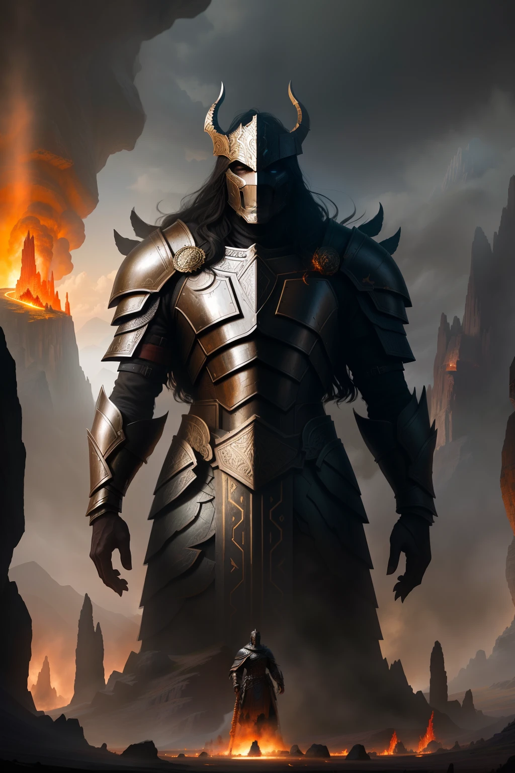 An ancient god, sitting in the middle of an evil scene - in the style of Jessica Rossier - burned/Charred - Andrea Mantegna, Enraged Dark Knight, standing behind a giant monster from a cave in Vray style, Thorny Mounds