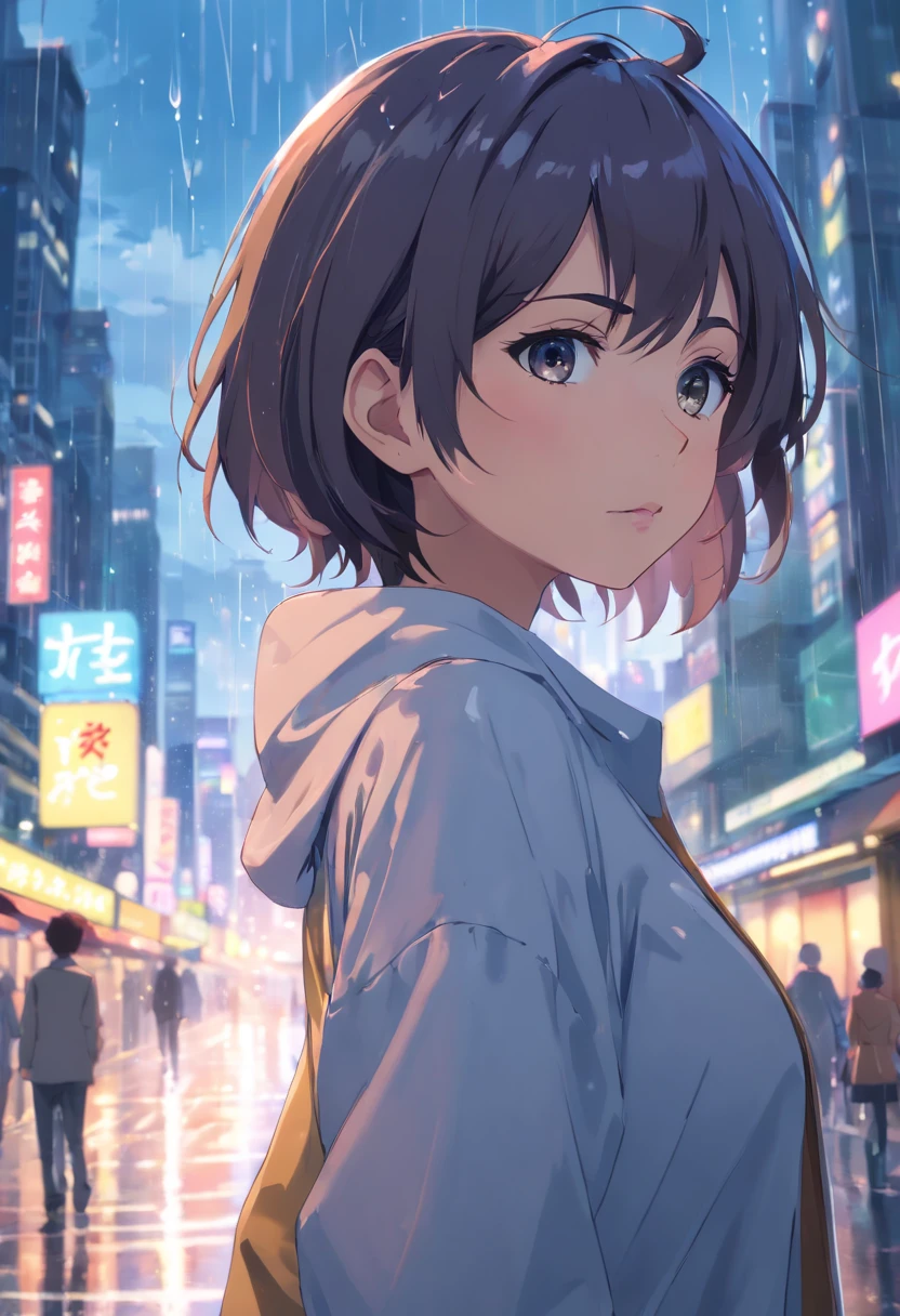 ((beste-Qualit, 8K, Masterpiece: 1.3)), Sharp: 1.2, perfect body beauty: 1.4, Thin abdomen: 1.2, ((Layered Hairstyle, large boobs: 1.2)), (Wet white long sleeve shirt: 1.1), (rain, road: 1.2), wet: 1.5, Highly detailed faces and textures, highly detail eyes, 二重まぶた, Side faces looking at Big Ass cameras