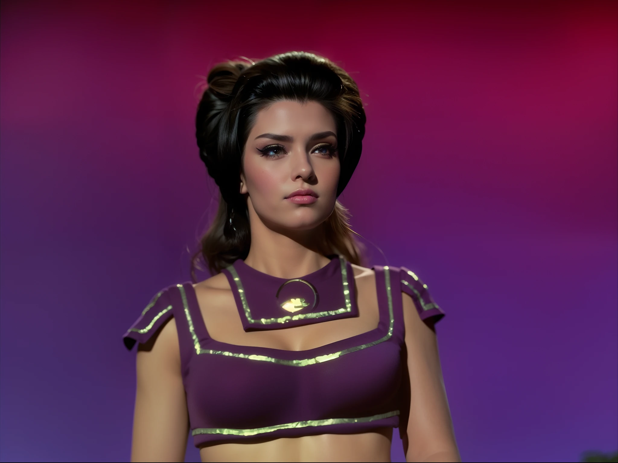 Bodacious seductive girl, wearing bright purple neon green eyeshadow, elaborately coiffed black hair with large side rolls, wearing genie bikini harem outfit, 4K, cinematic, hyper-sharp, hyper-realistic, hyper-detailed, symmetrical, "100% anatomically correct", octane render