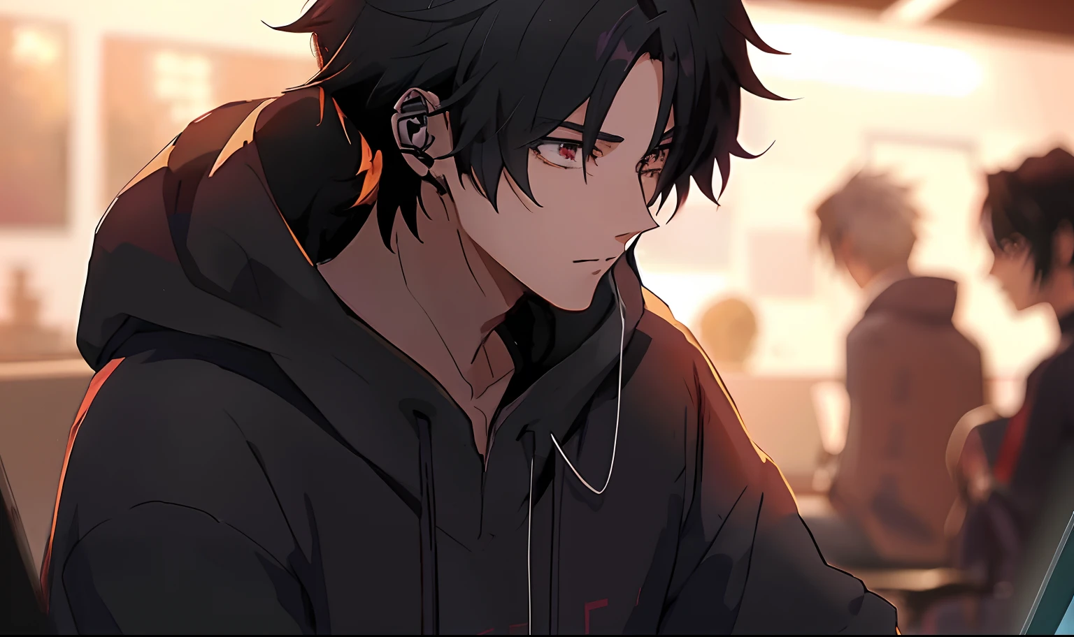 Anime man with black spiky hair and headphones sitting in front of a laptop, young anime man, Anime handsome man, Anime boy, anime moe art style, male anime character, Handsome anime pose, handsome guy in demon killer art, Guviz-style artwork, Digital anime illustration, Anime portrait of a handsome man, High Quality Anime Art Style, style of anime4 K