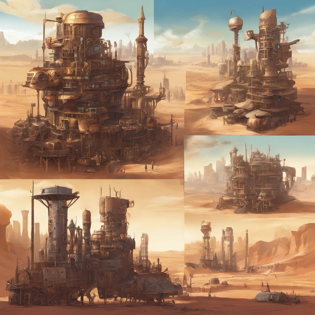 Steampunk huge city factory in the desert, (beste-Qualit, tmasterpiece:1.3), Very detailed fantasy illustration,