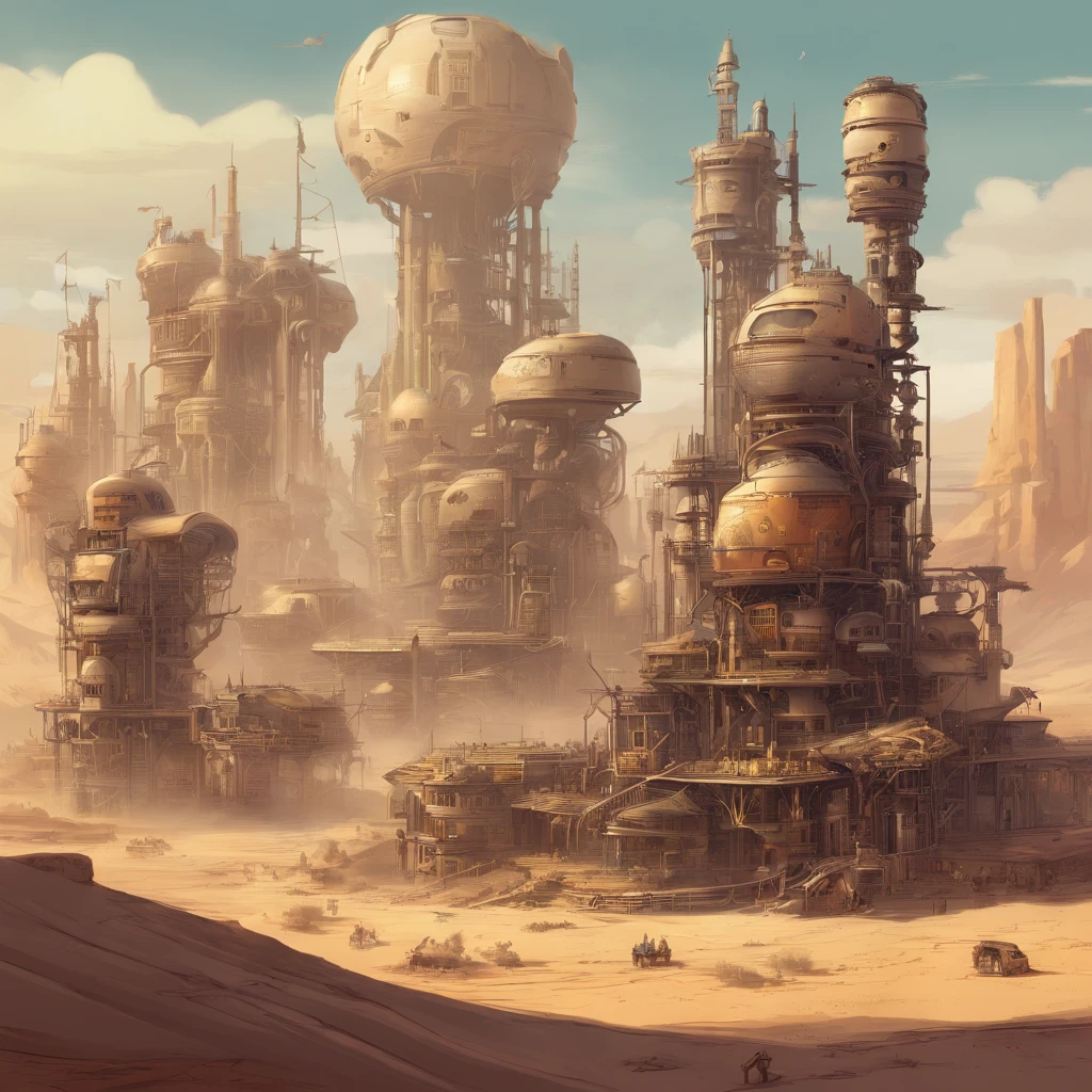 Steampunk huge city factory in the desert, (beste-Qualit, tmasterpiece:1.3), Very detailed fantasy illustration,